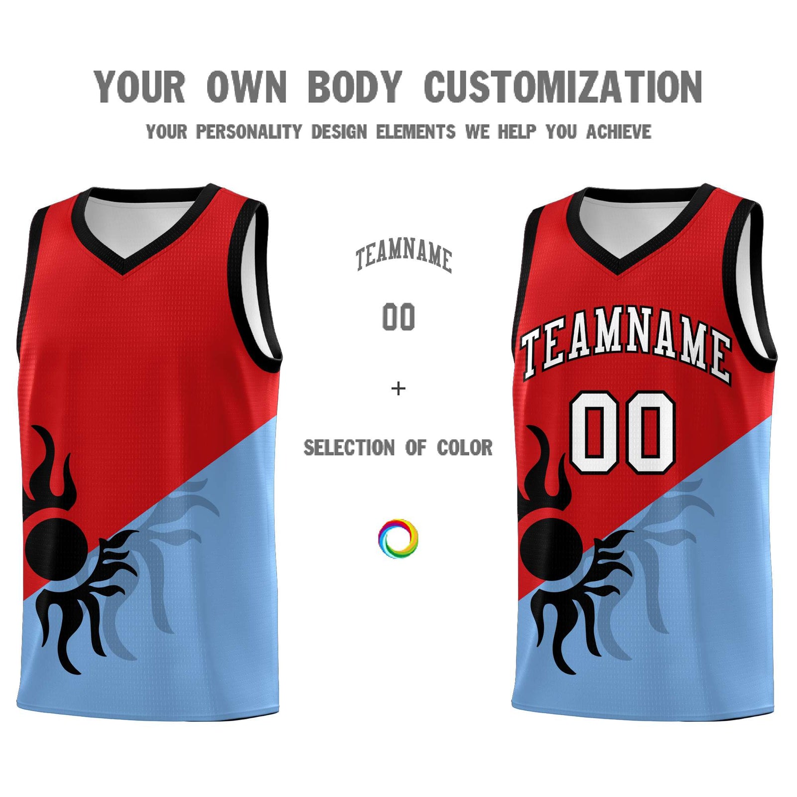 Custom Youth Basketball Jerseys - Red Powder Blue Radiant Sun Design Two Tone Uniforms