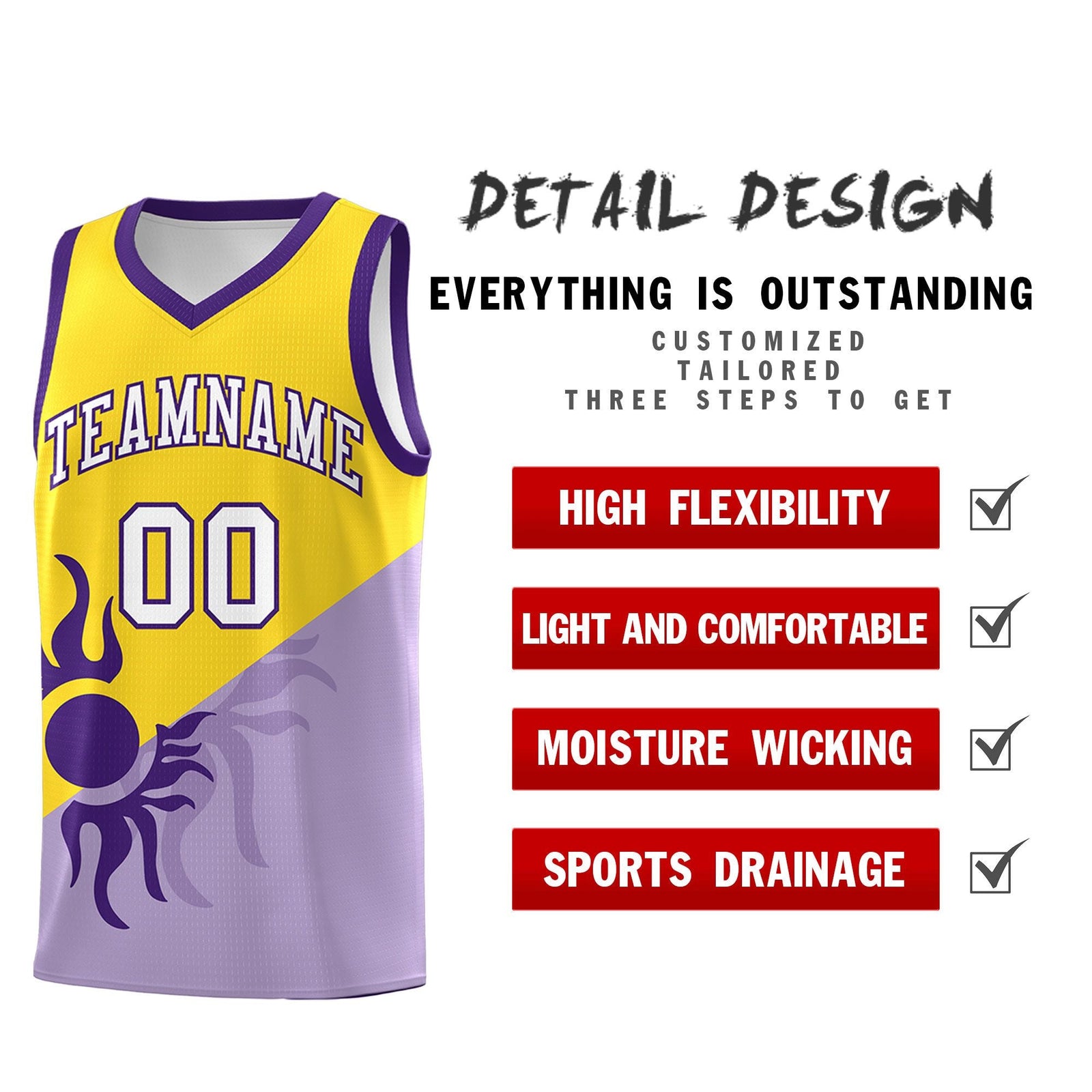 Custom Youth Basketball Jerseys - Light Purple Gold Sunburst Design Two Tone Uniforms