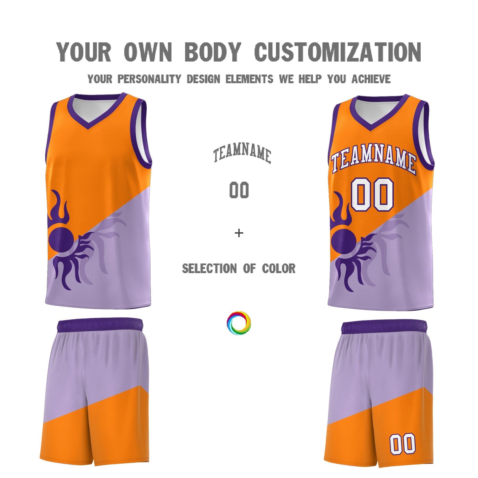 Custom Youth Basketball Jerseys - Light Purple Orange Radiant Sun Design Two Tone Uniforms