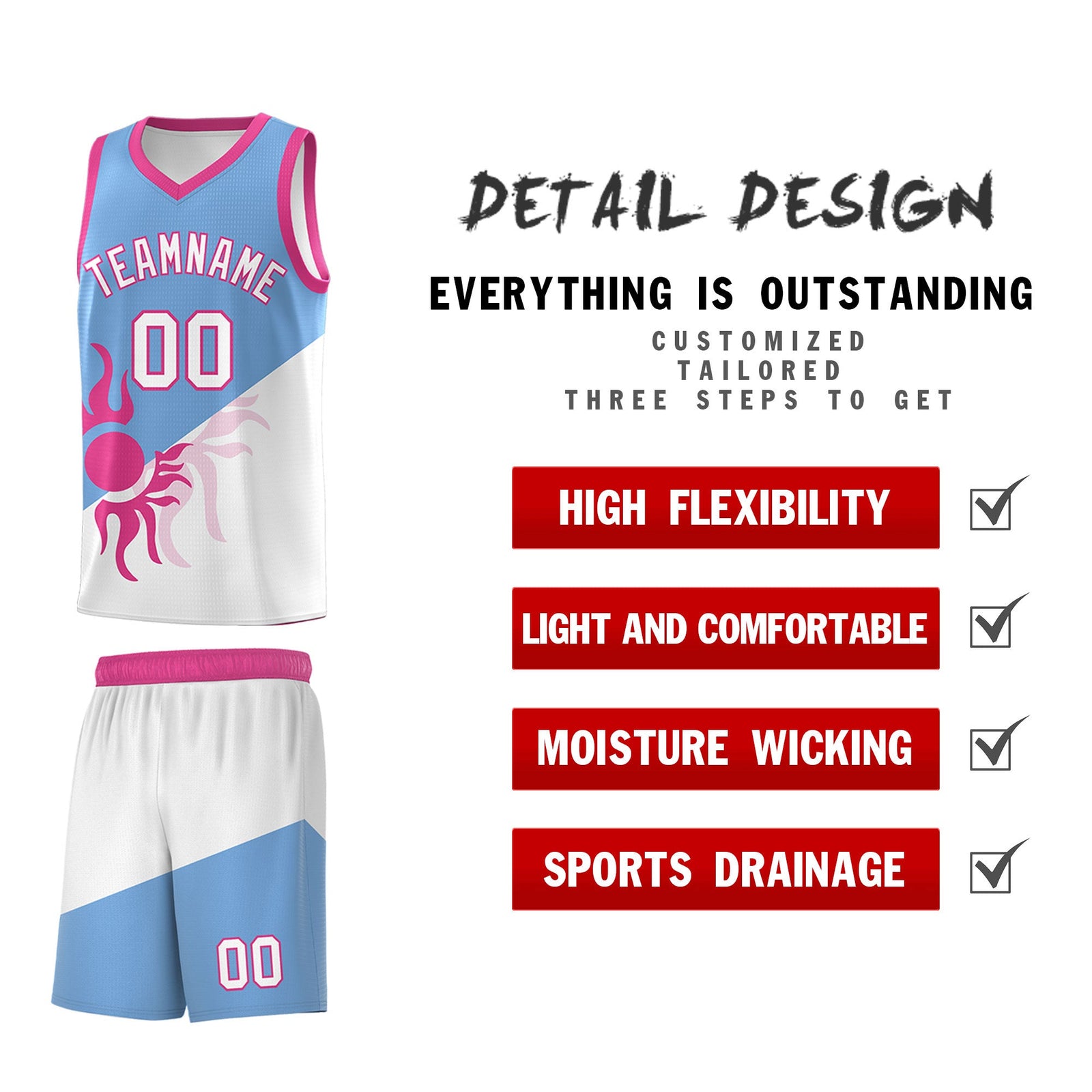 Custom Youth Basketball Jerseys - Powder Blue White Sunburst Design Two Tone Uniforms
