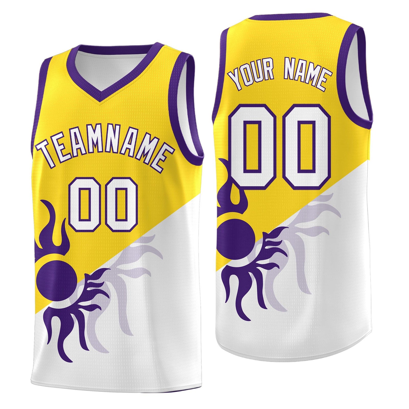 Custom Youth Basketball Jerseys - Gold White Radiant Sun Design Two Tone Uniforms