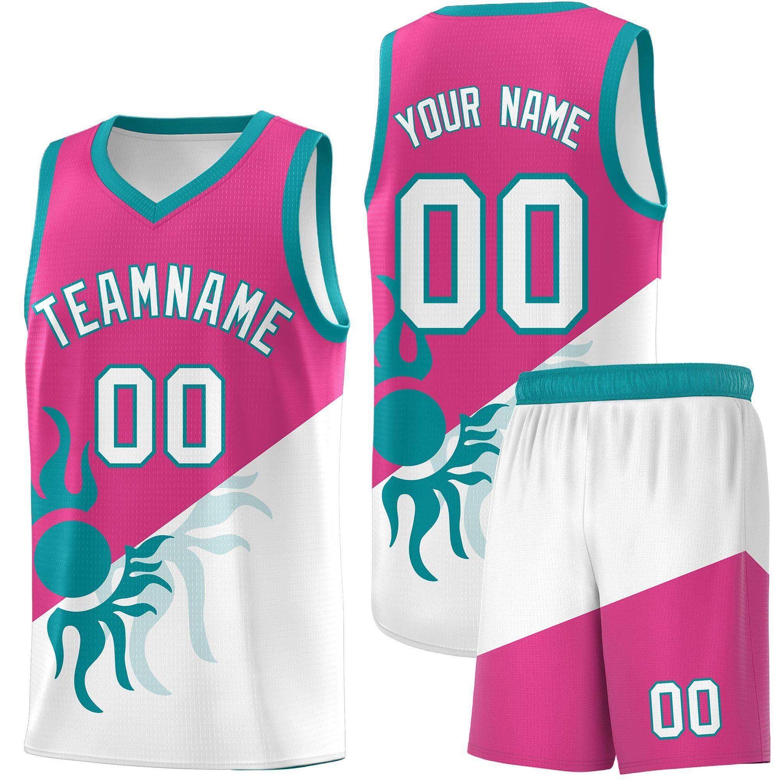 Custom Youth Basketball Jerseys - Rose Red White Radiant Sun Design Two Tone Uniforms
