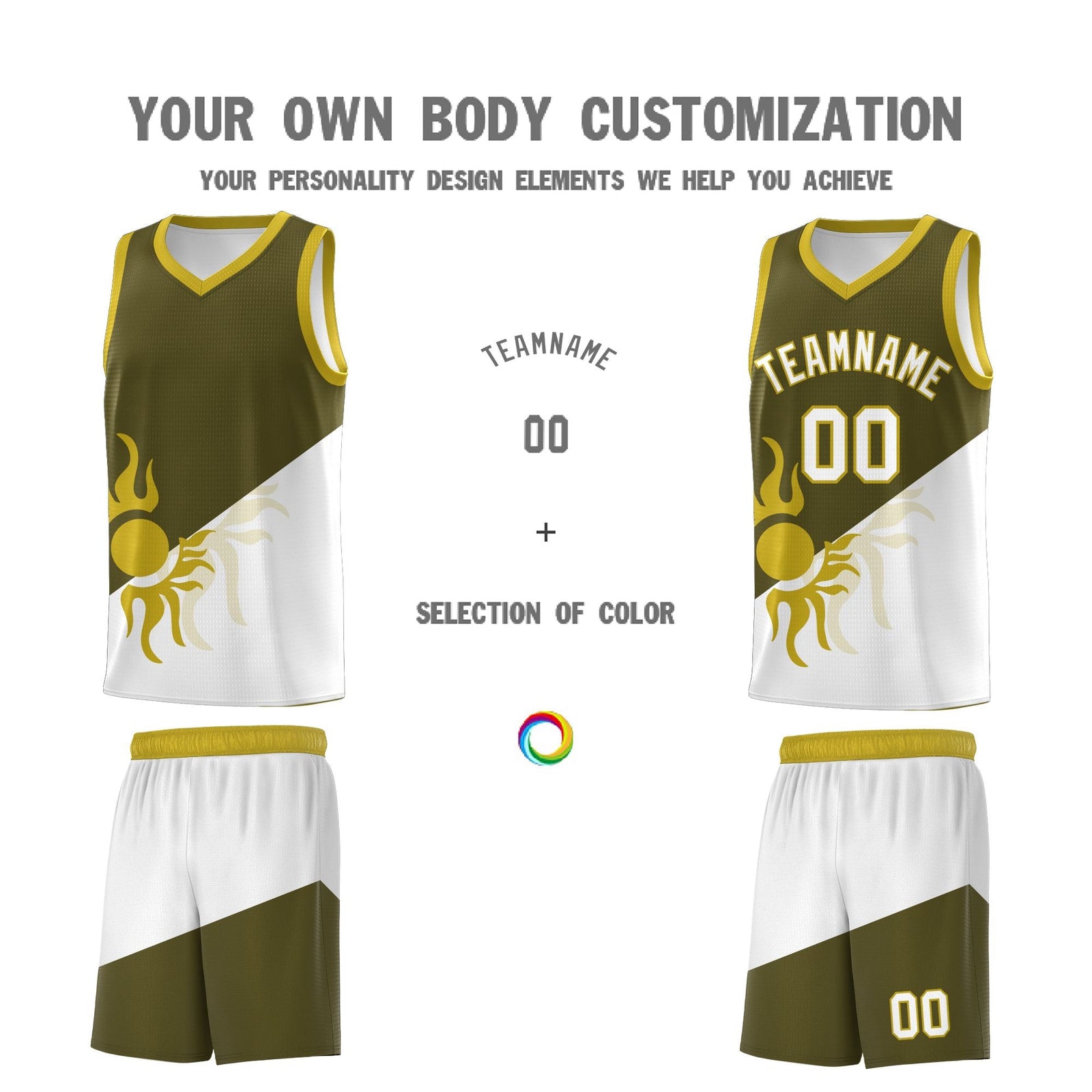 Custom Youth Basketball Jerseys - Olive White Sunburst Design Two Tone Uniforms