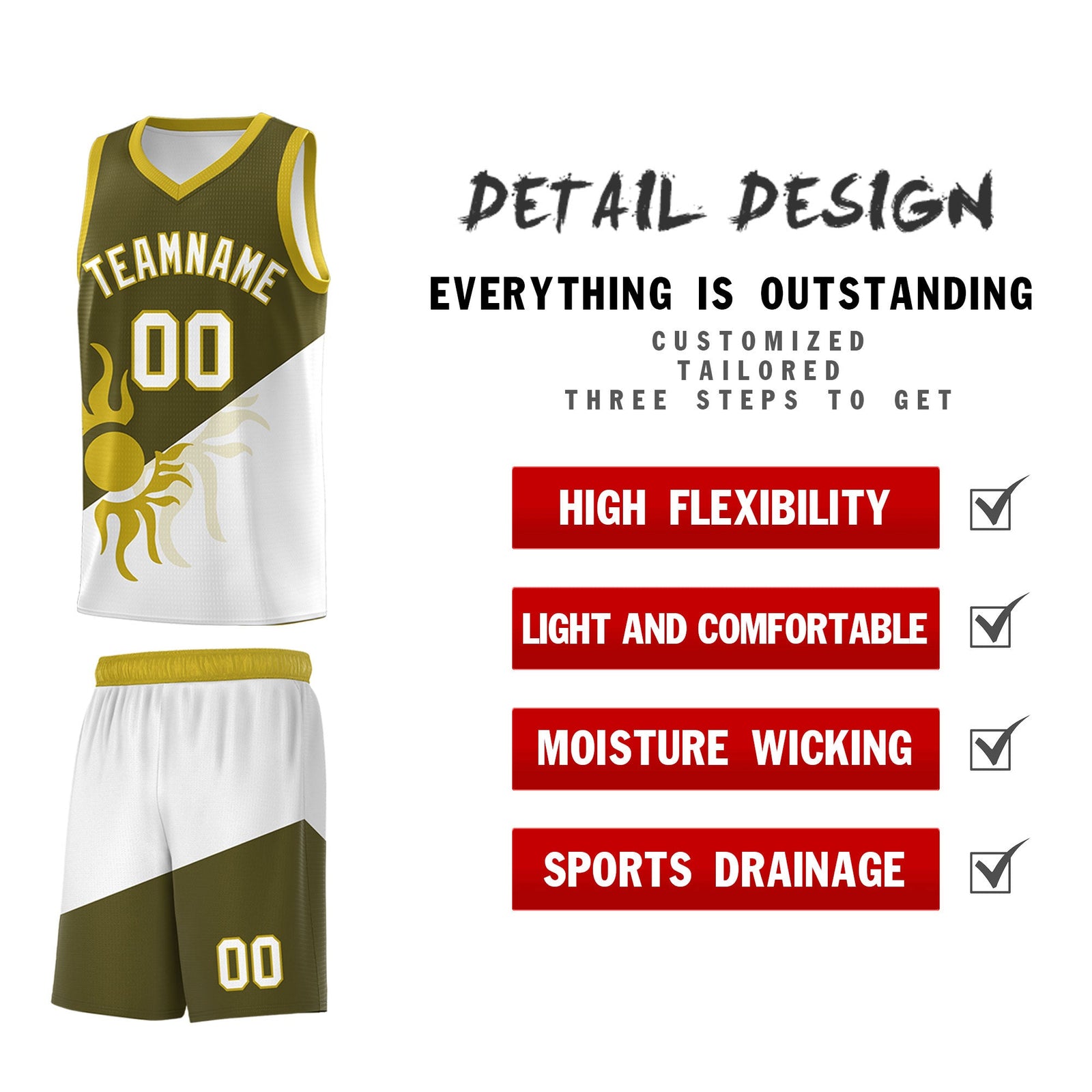 Custom Youth Basketball Jerseys - Olive White Sunburst Design Two Tone Uniforms