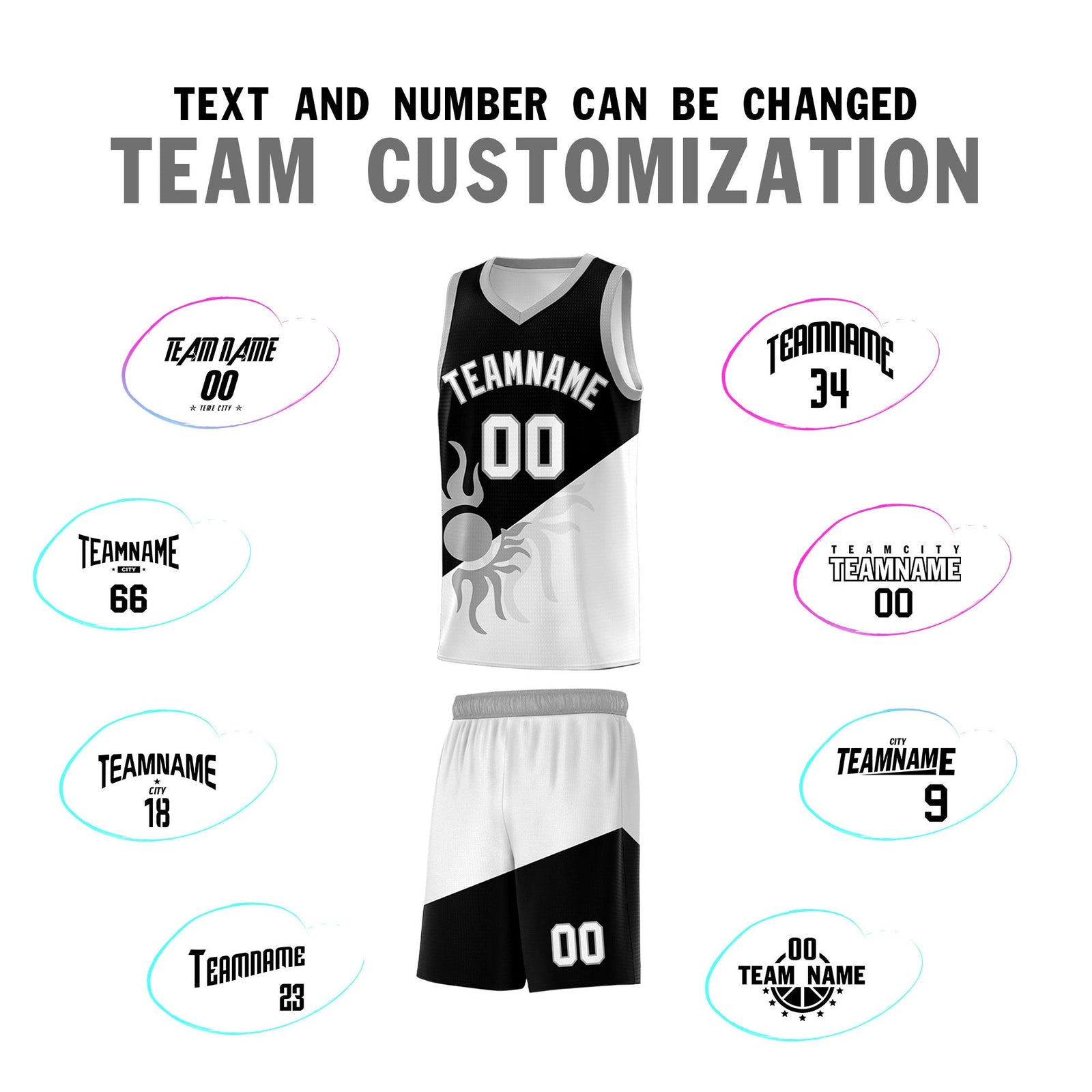 Custom Youth Basketball Jerseys - Black White Radiant Sun Design Two Tone Uniforms