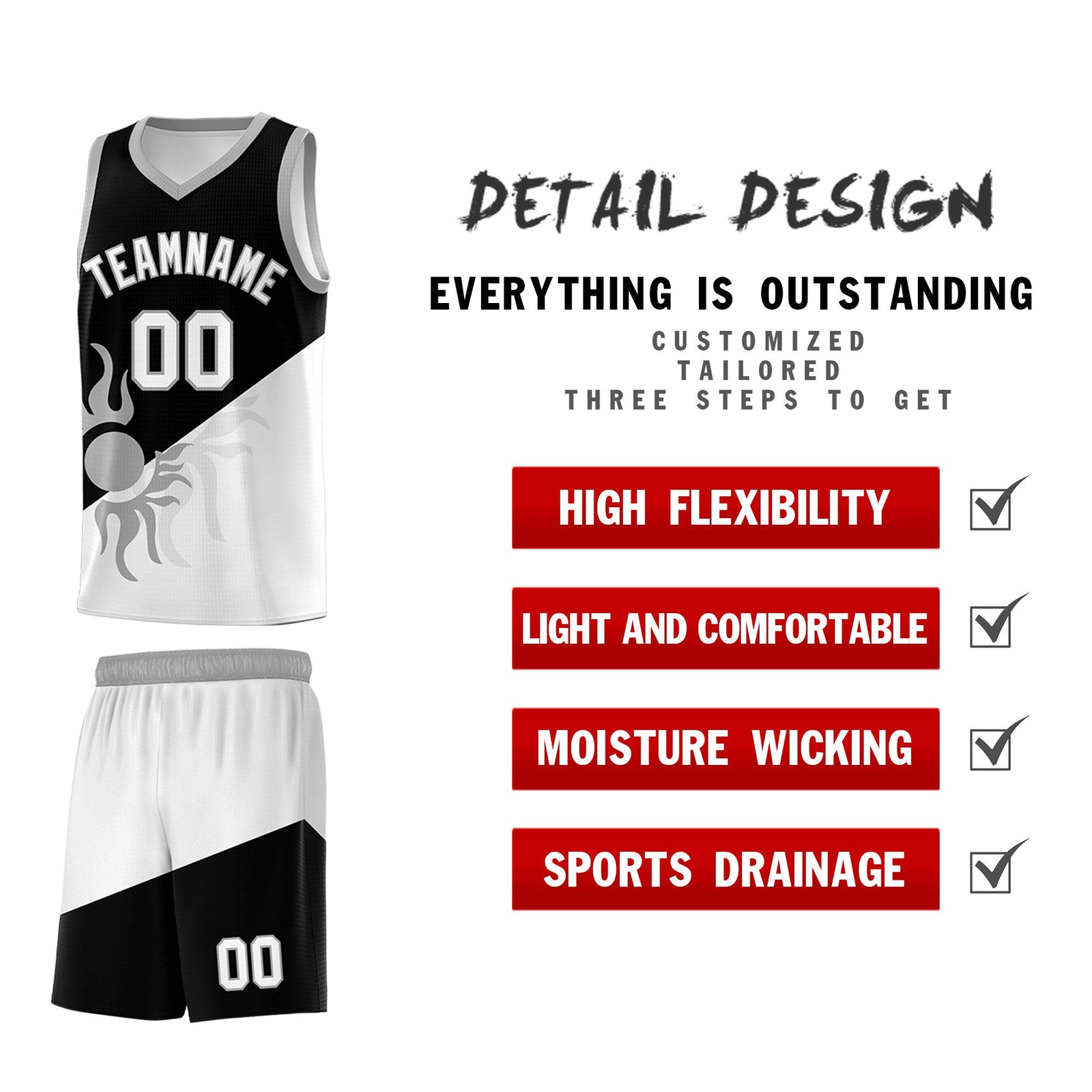 Custom Youth Basketball Jerseys - Black White Radiant Sun Design Two Tone Uniforms