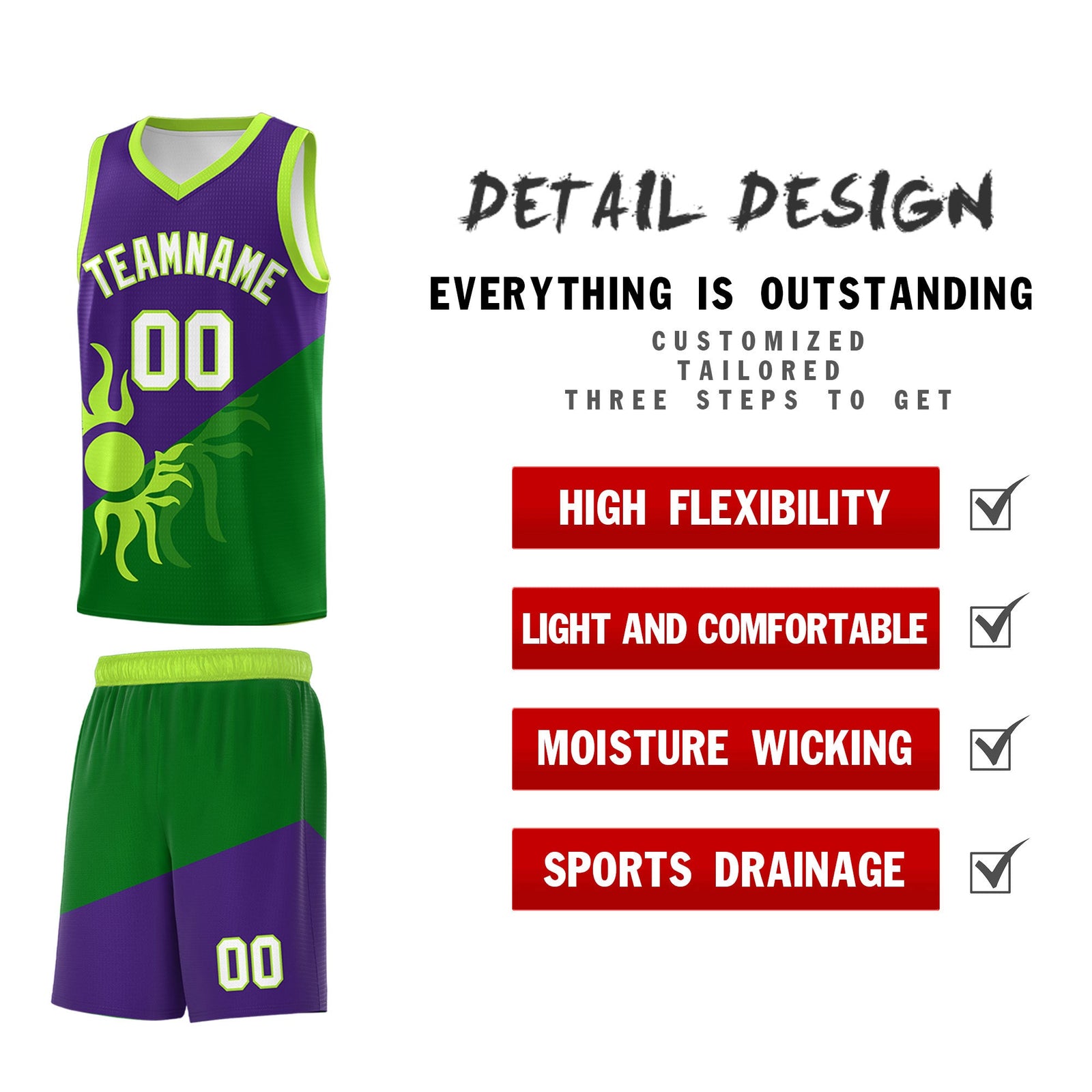 Custom Youth Basketball Jerseys - Purple Kelly Green Sunburst Design Two Tone Uniforms