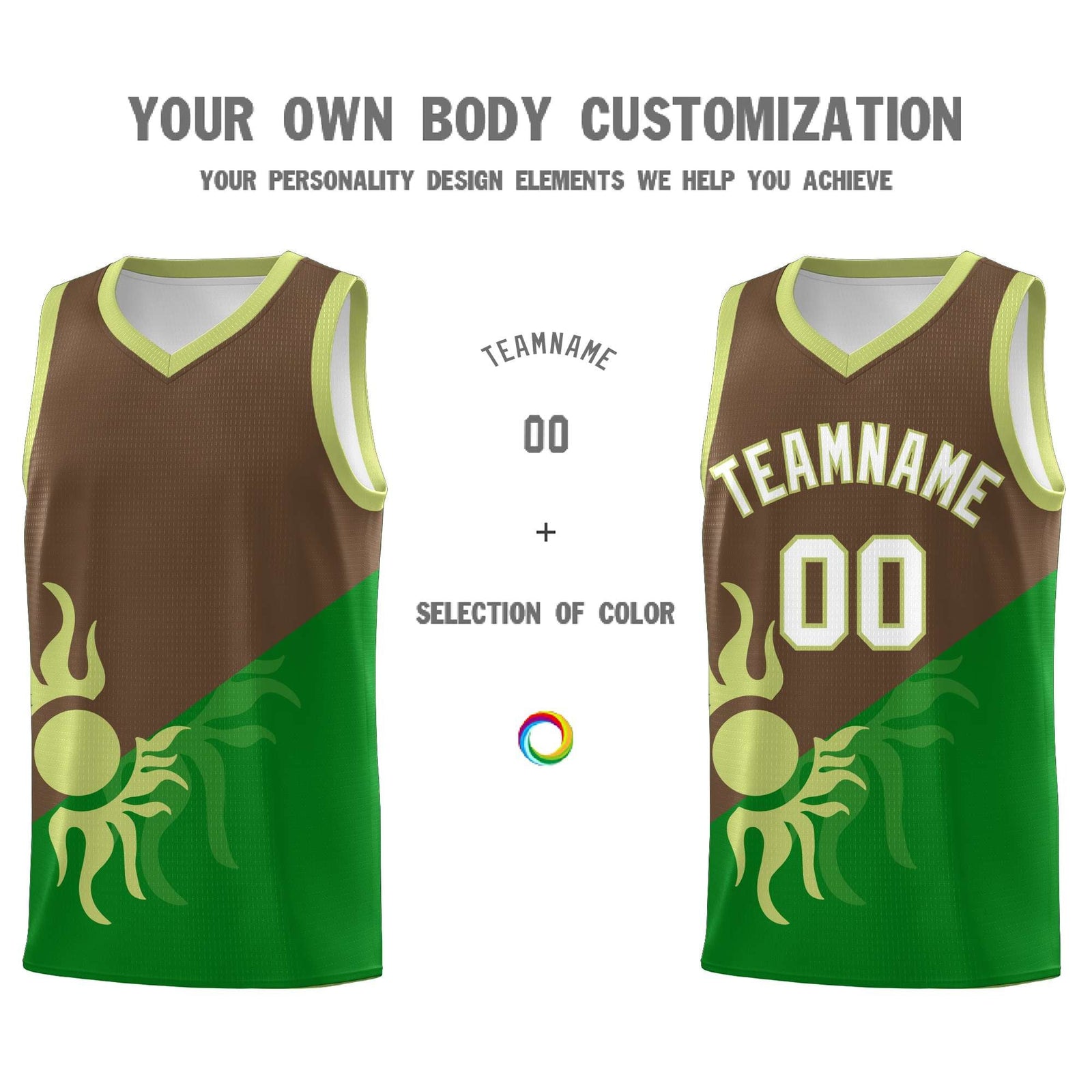 Custom Youth Basketball Jerseys - Kelly Green Light Brown Sunburst Design Two Tone Uniforms