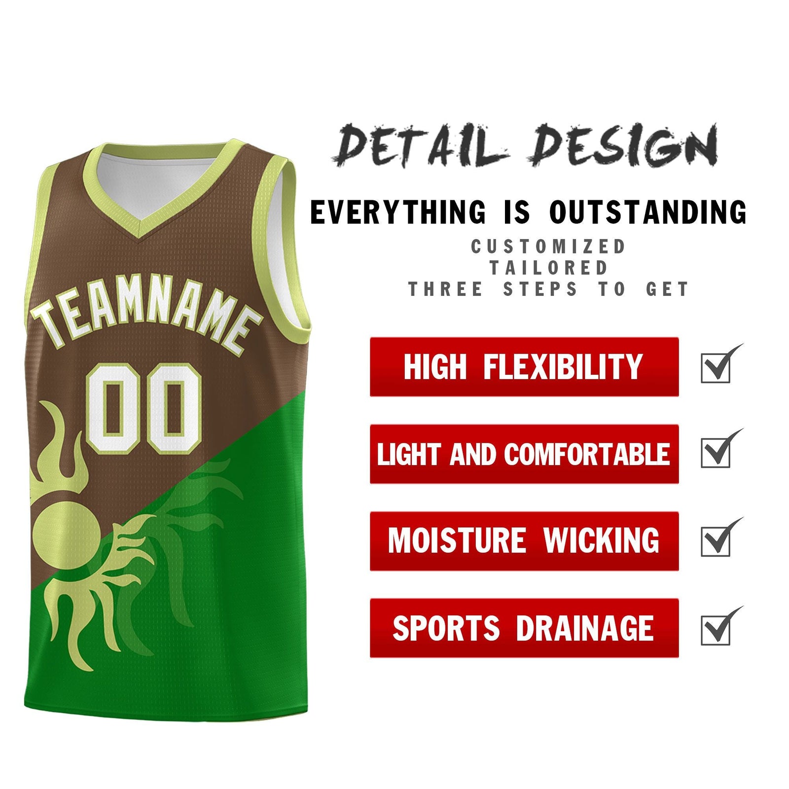 Custom Youth Basketball Jerseys - Kelly Green Light Brown Sunburst Design Two Tone Uniforms