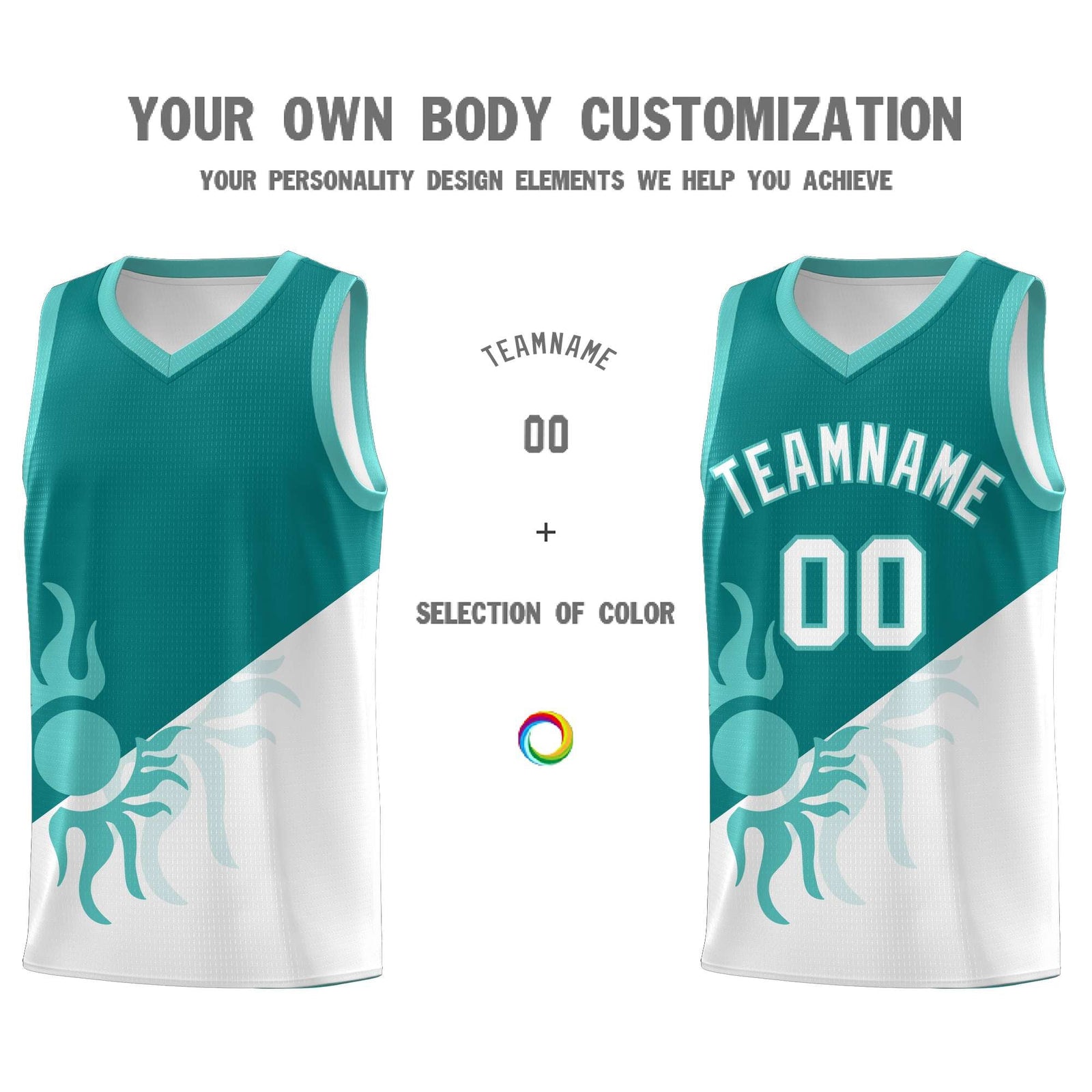 Custom Youth Basketball Jerseys - Teal White Sunburst Design Two Tone Uniforms