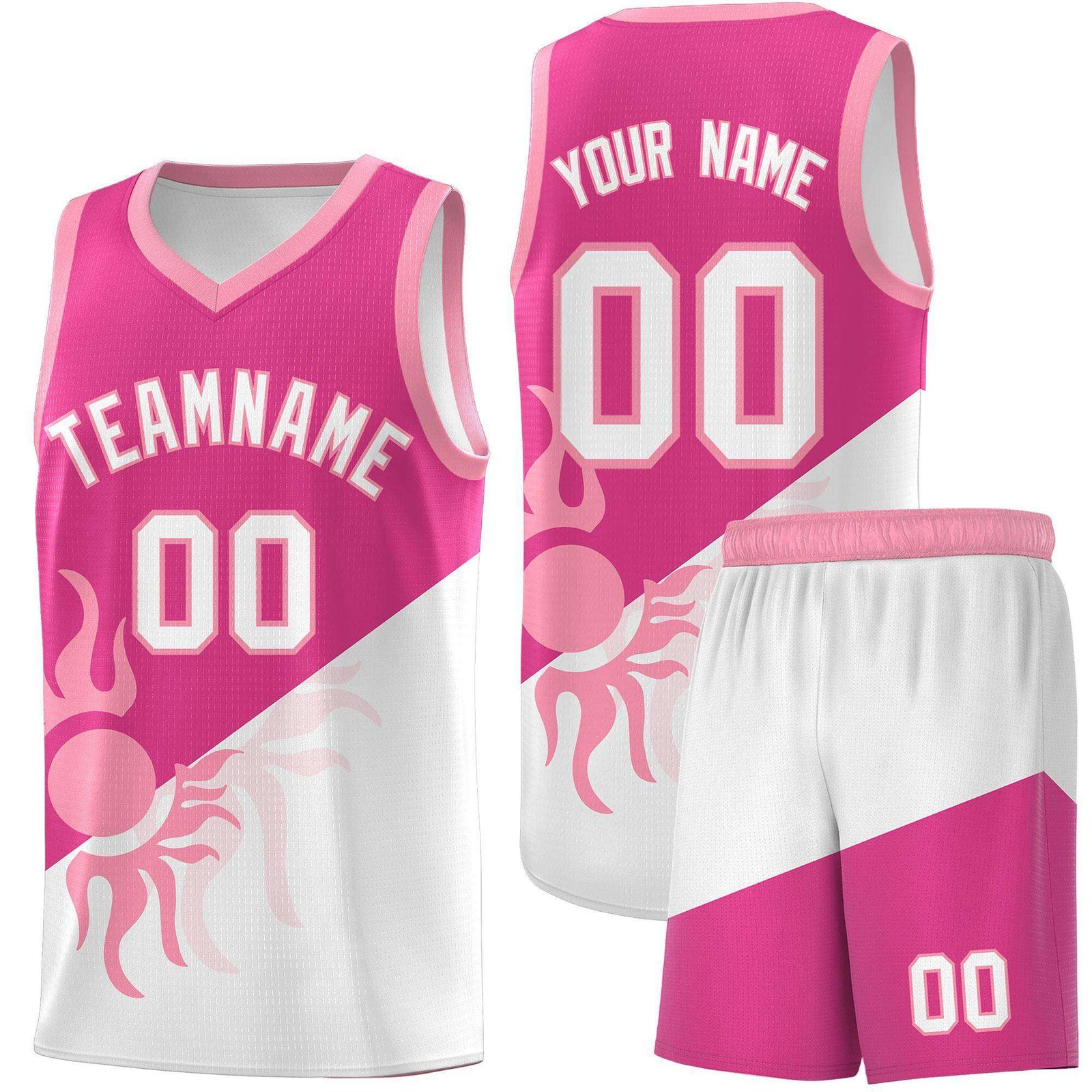 Custom Youth Basketball Jerseys - Rose Red White Radiant Sun Design Two Tone Uniforms