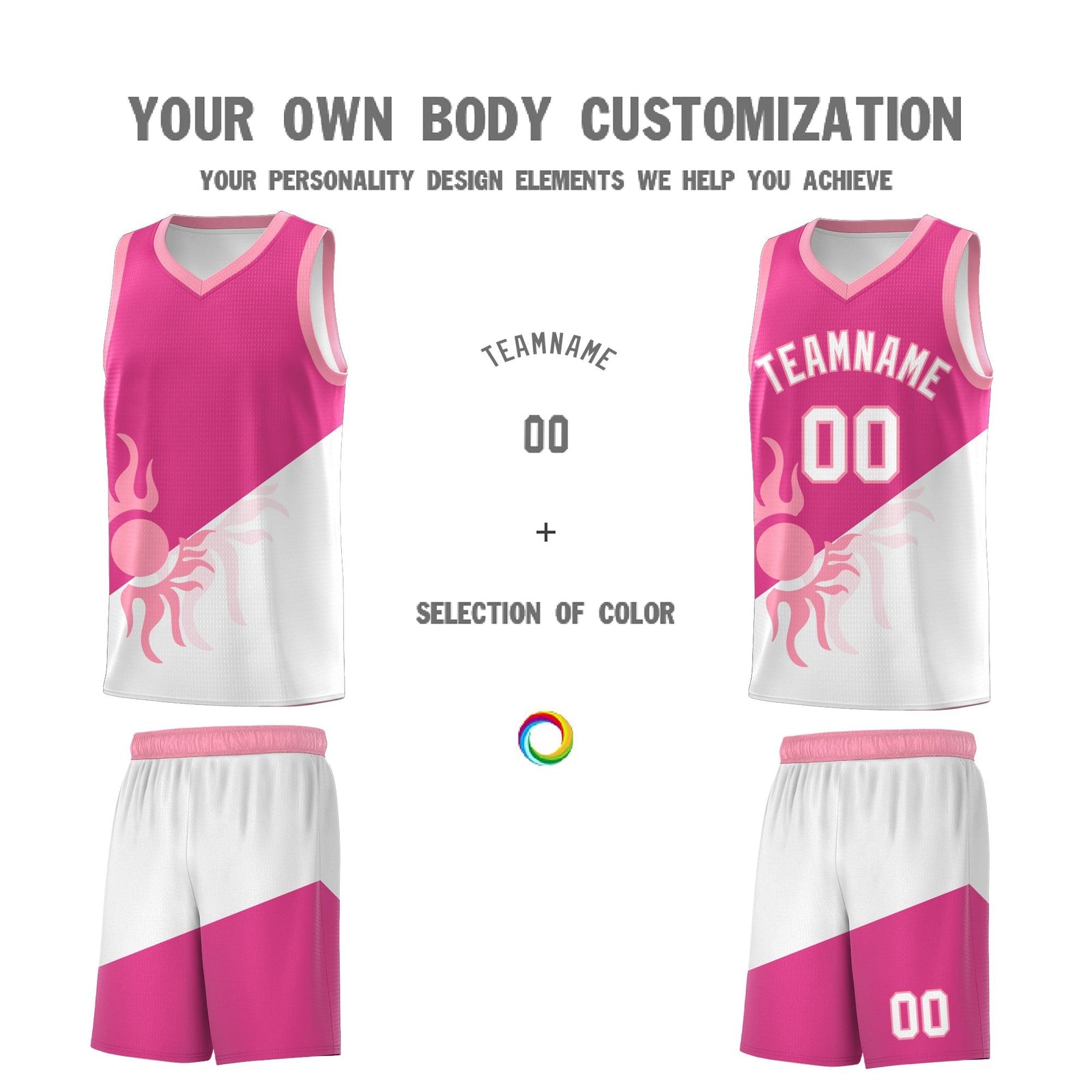 Custom Youth Basketball Jerseys - Rose Red White Radiant Sun Design Two Tone Uniforms