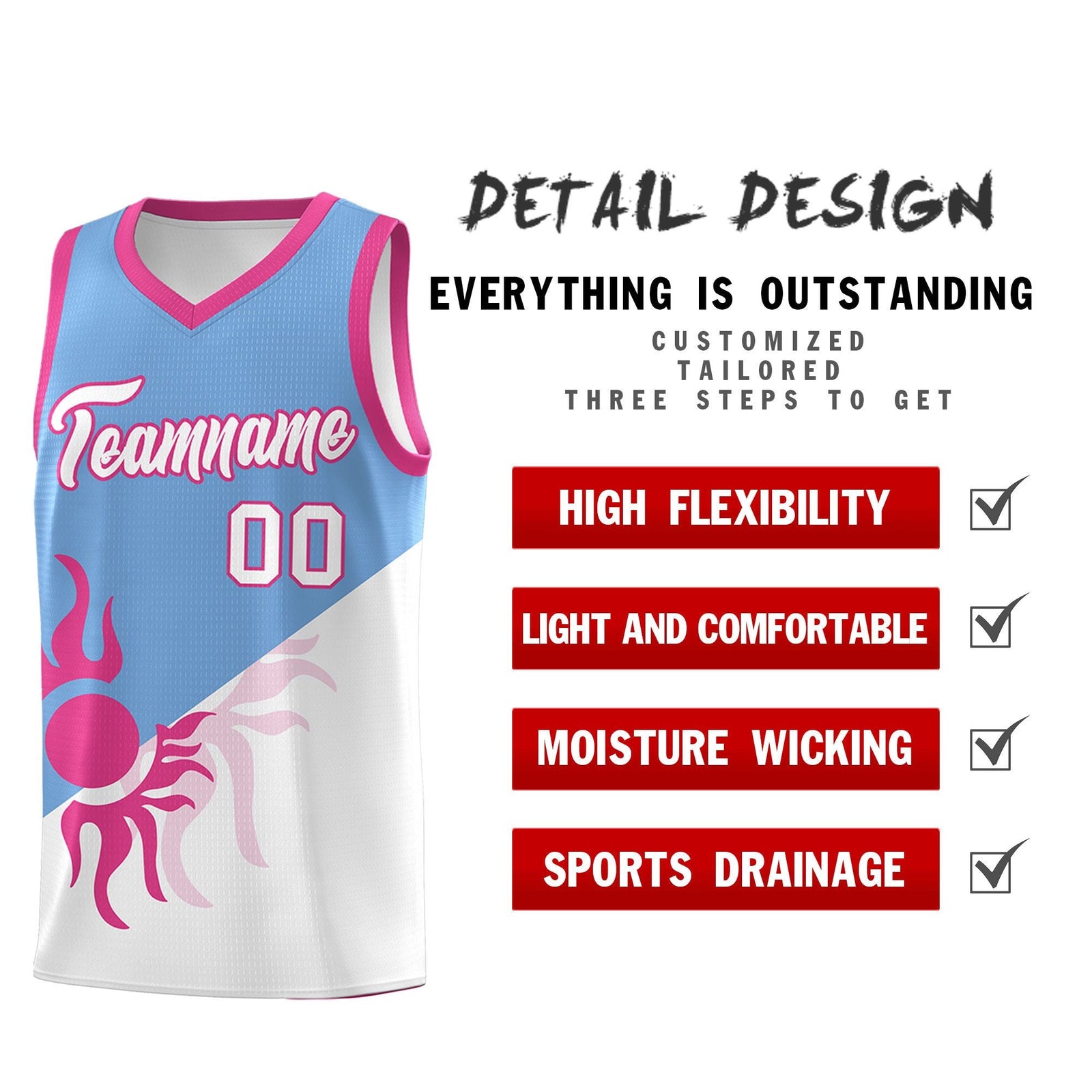 Custom Youth Basketball Jerseys - Powder Blue White Sunburst Design Two Tone Uniforms