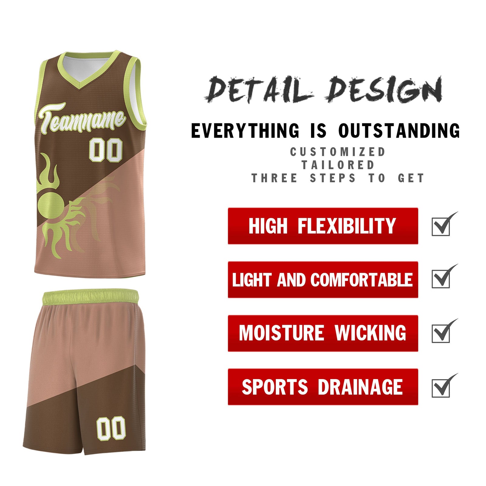 Custom Youth Basketball Jerseys - Coffee Light Brown Radiant Sun Design Two Tone Uniforms