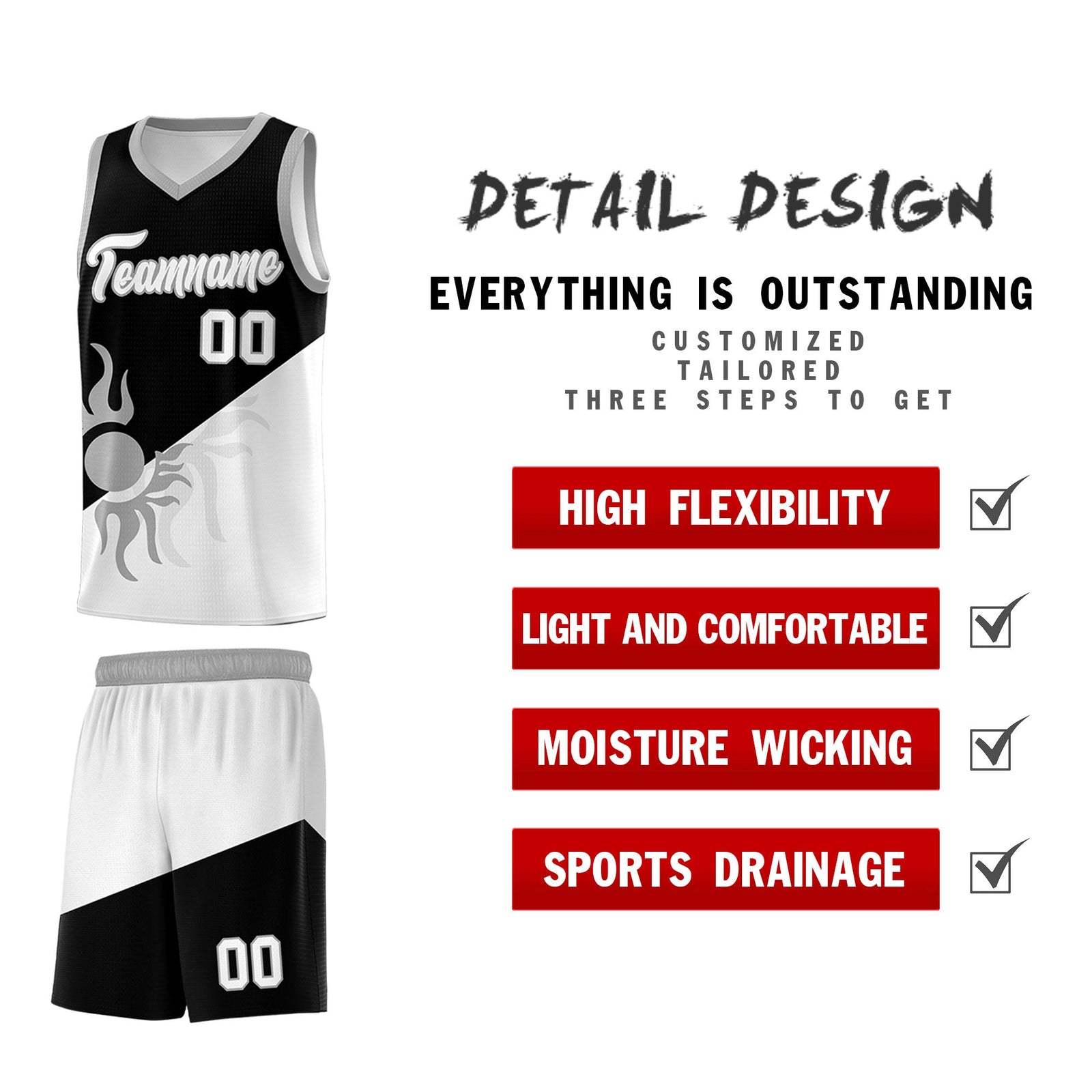 Custom Youth Basketball Jerseys - Black White Radiant Sun Design Two Tone Uniforms