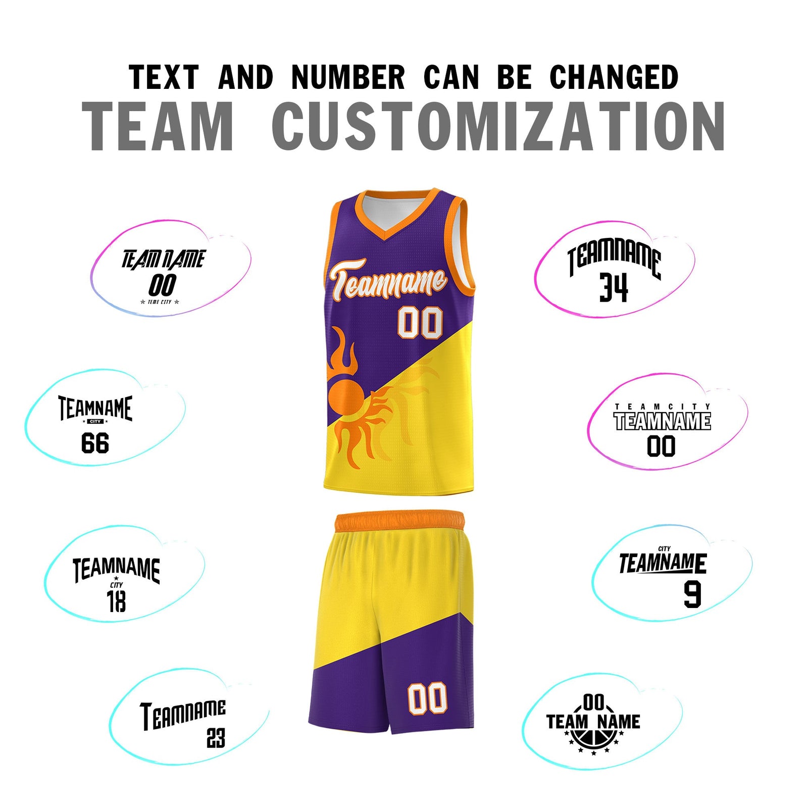 Custom Youth Basketball Jerseys - Purple Gold Radiant Sun Design Two Tone Uniforms
