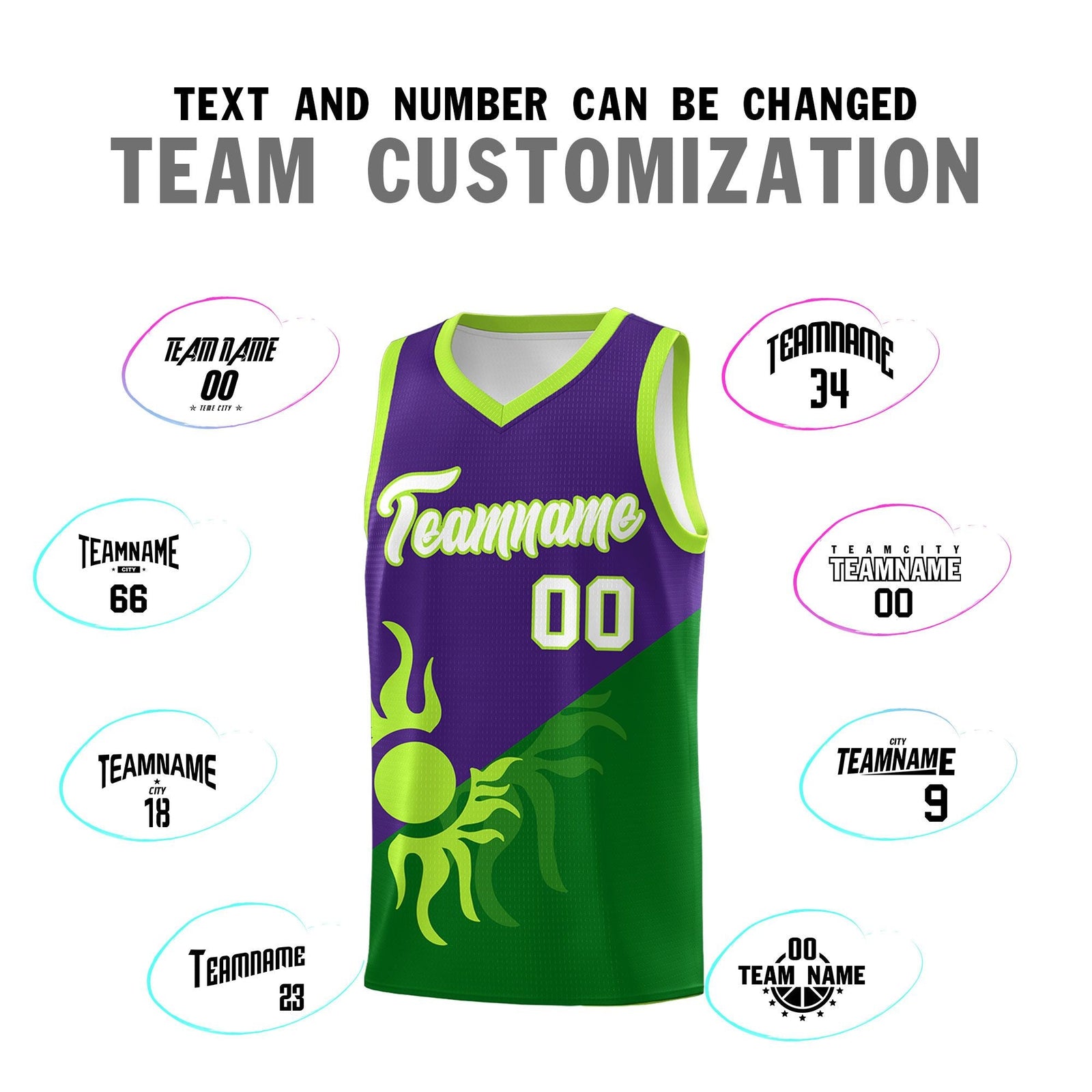 Custom Youth Basketball Jerseys - Purple Kelly Green Sunburst Design Two Tone Uniforms