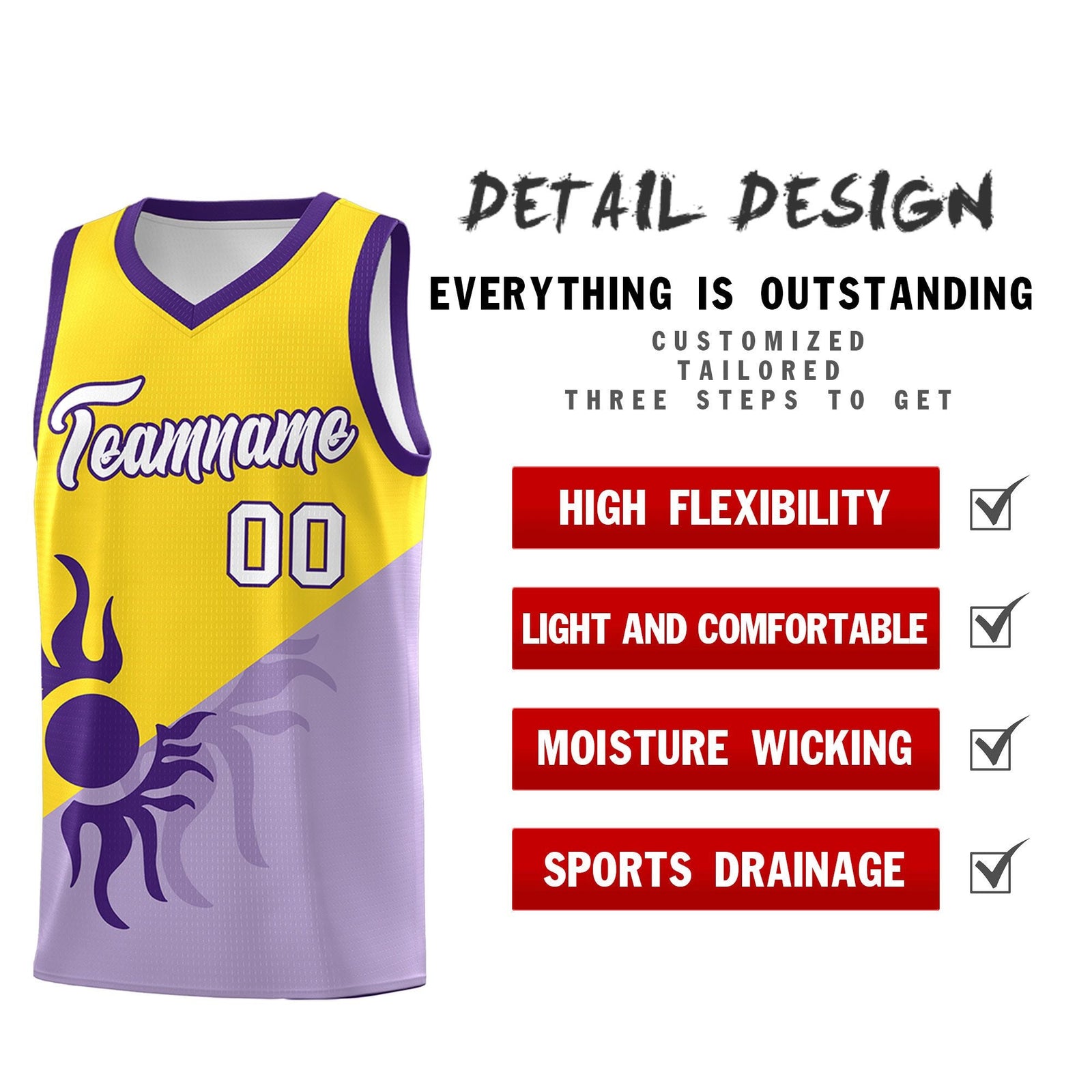 Custom Youth Basketball Jerseys - Light Purple Gold Sunburst Design Two Tone Uniforms