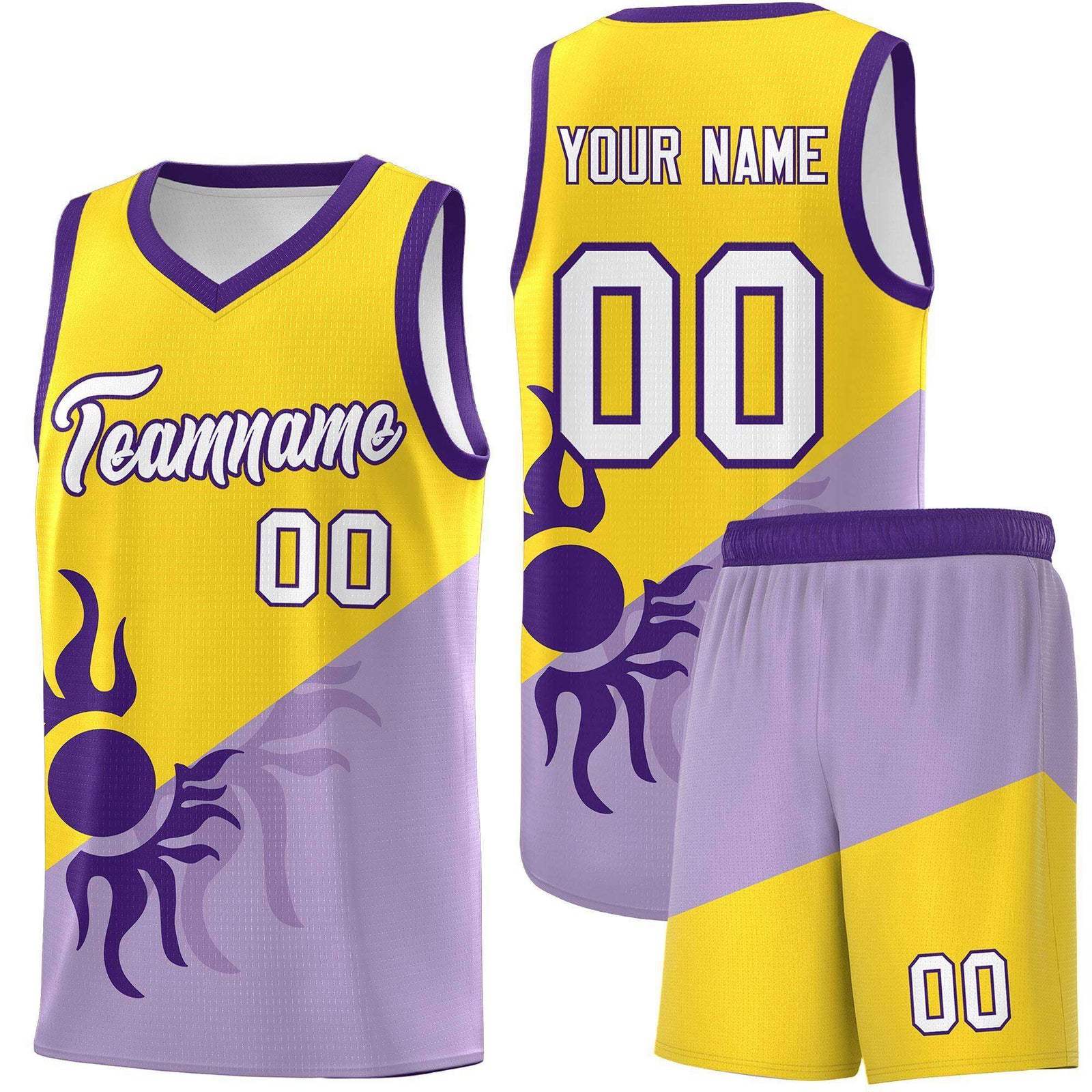 Custom Youth Basketball Jerseys - Light Purple Gold Sunburst Design Two Tone Uniforms