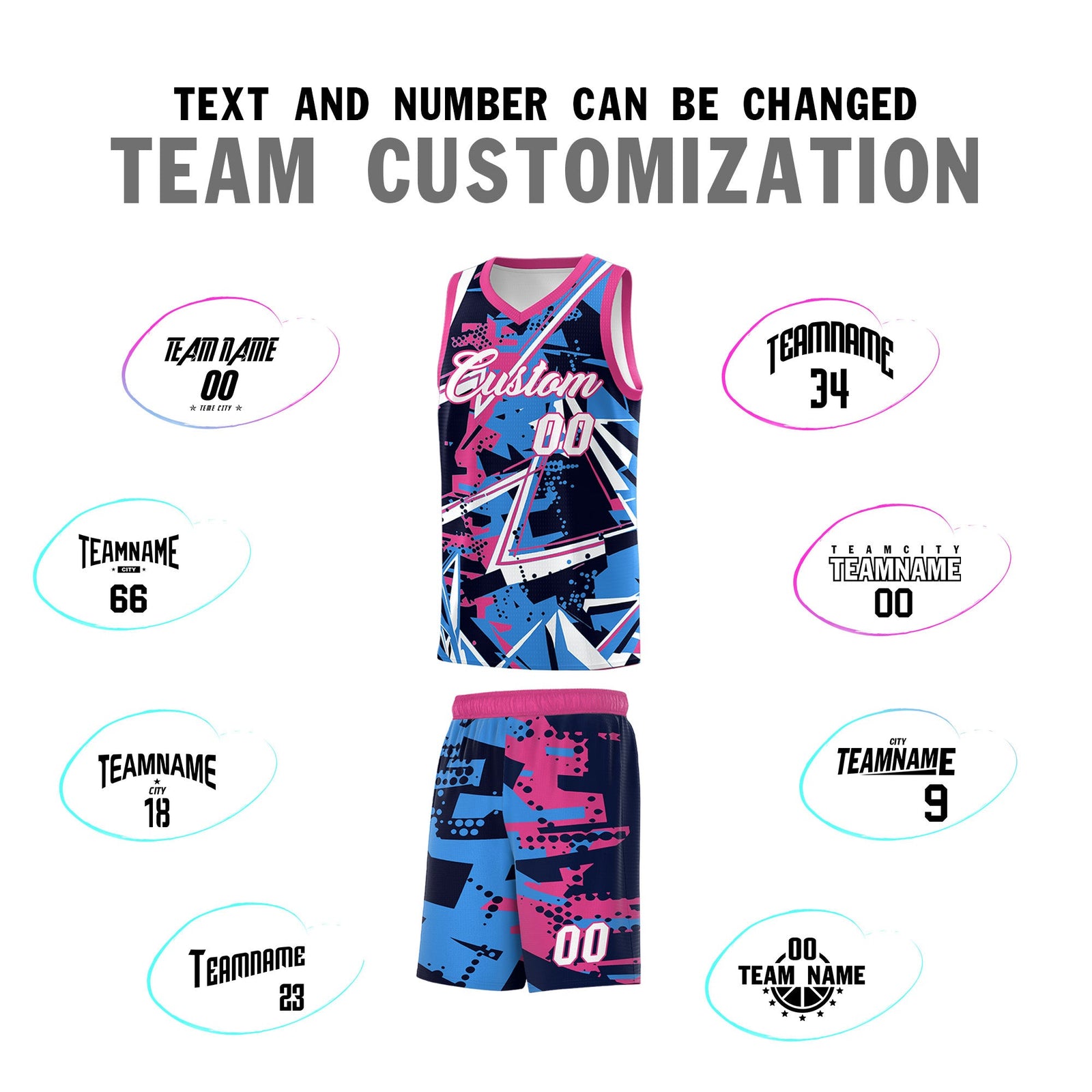 Custom Youth Basketball Jerseys Light Blue Pink Abstract Graffiti Personalized Street Style Uniform