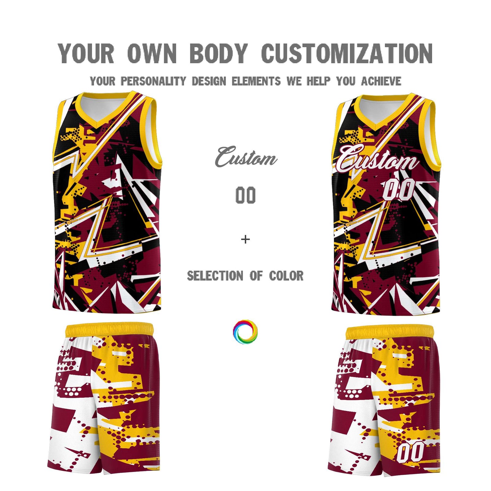 Custom Youth Basketball Jerseys Crimson Yellow Abstract Graffiti Urban Style Personalized Uniform
