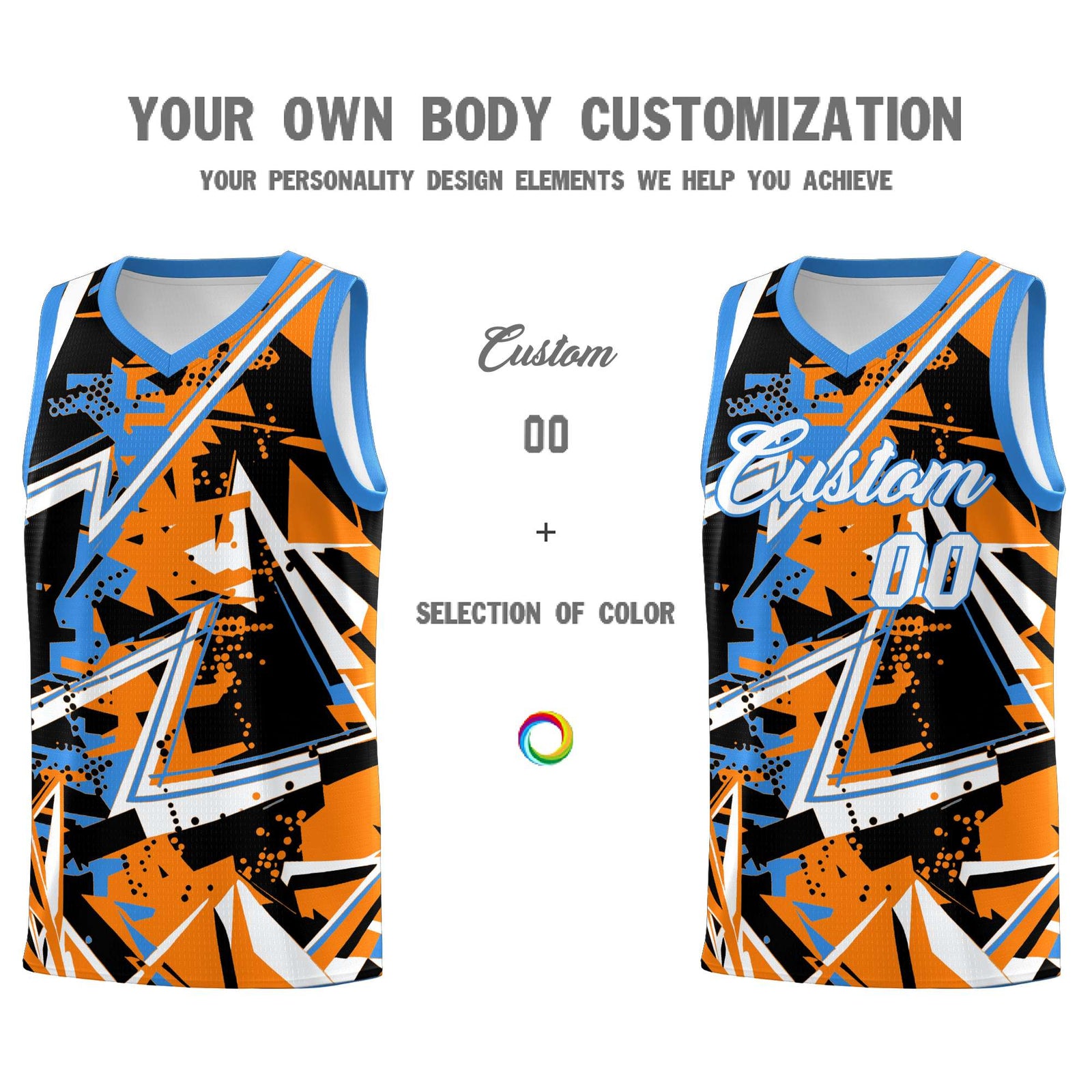 Custom Youth Basketball Jerseys Orange Light Blue Abstract Graffiti Personalized Street Style Uniform