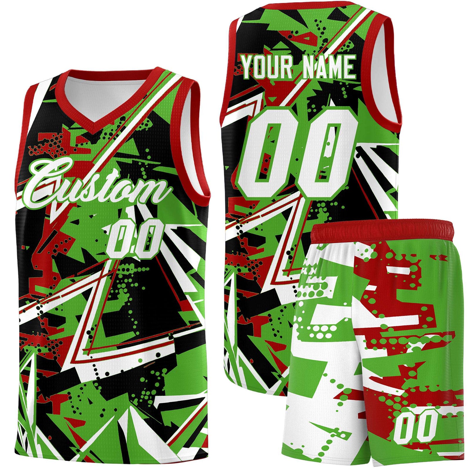 Custom Youth Basketball Jerseys Light Green Red Abstract Graffiti Urban Style Personalized Uniform
