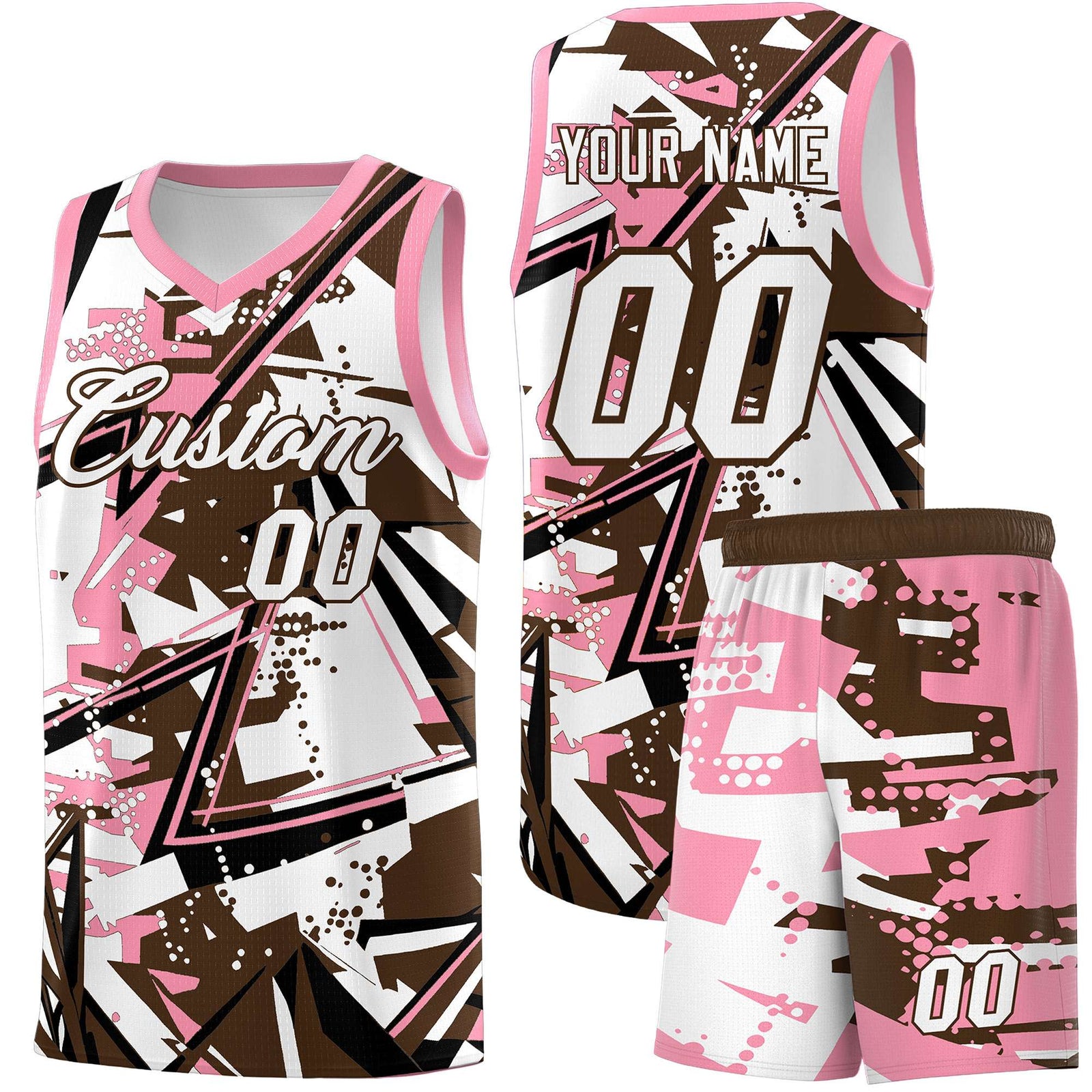 Custom Youth Basketball Jerseys Brown Light Pink Abstract Graffiti Urban Style Personalized Uniform