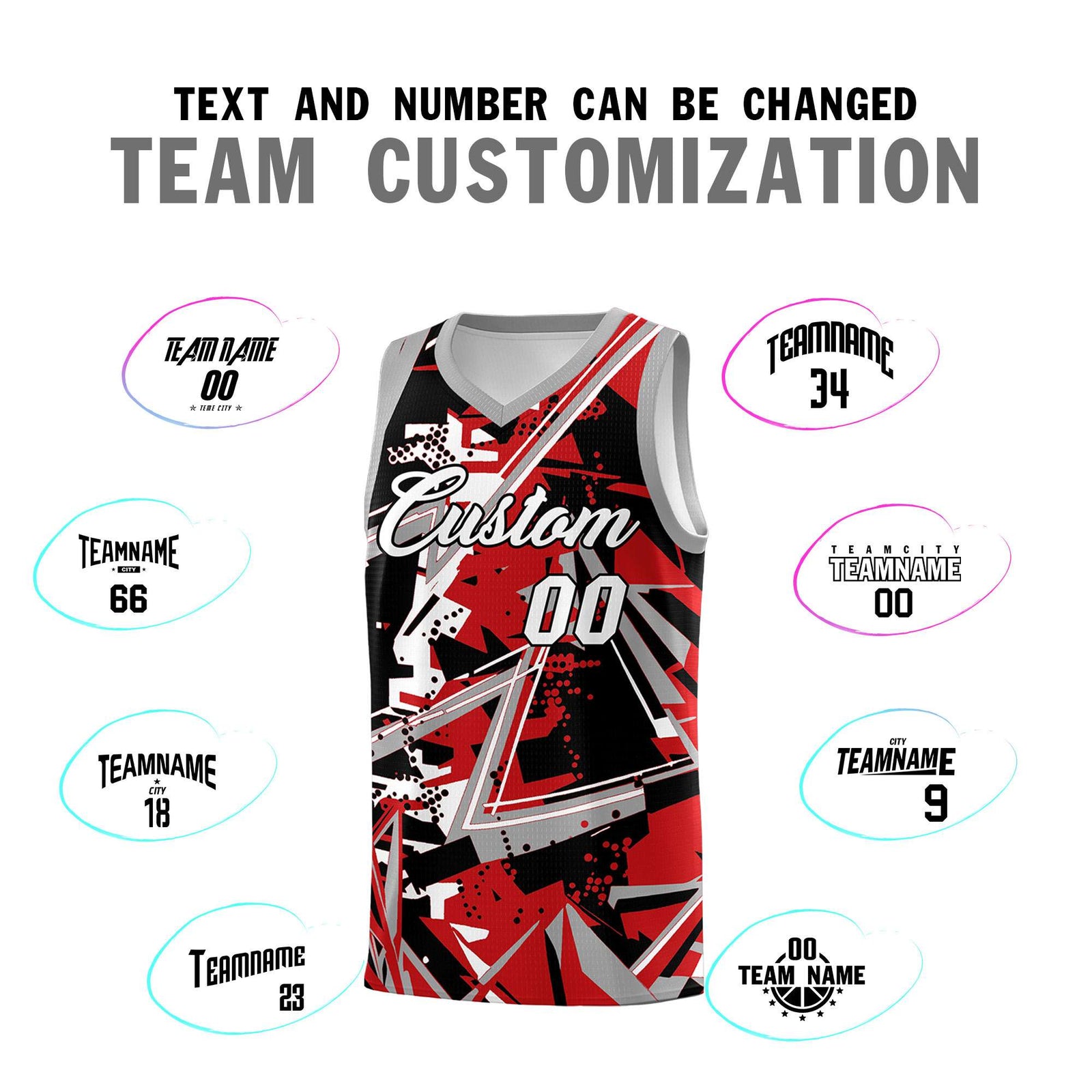 Custom Youth Basketball Jerseys Red Gray Abstract Graffiti Personalized Team Name & Number