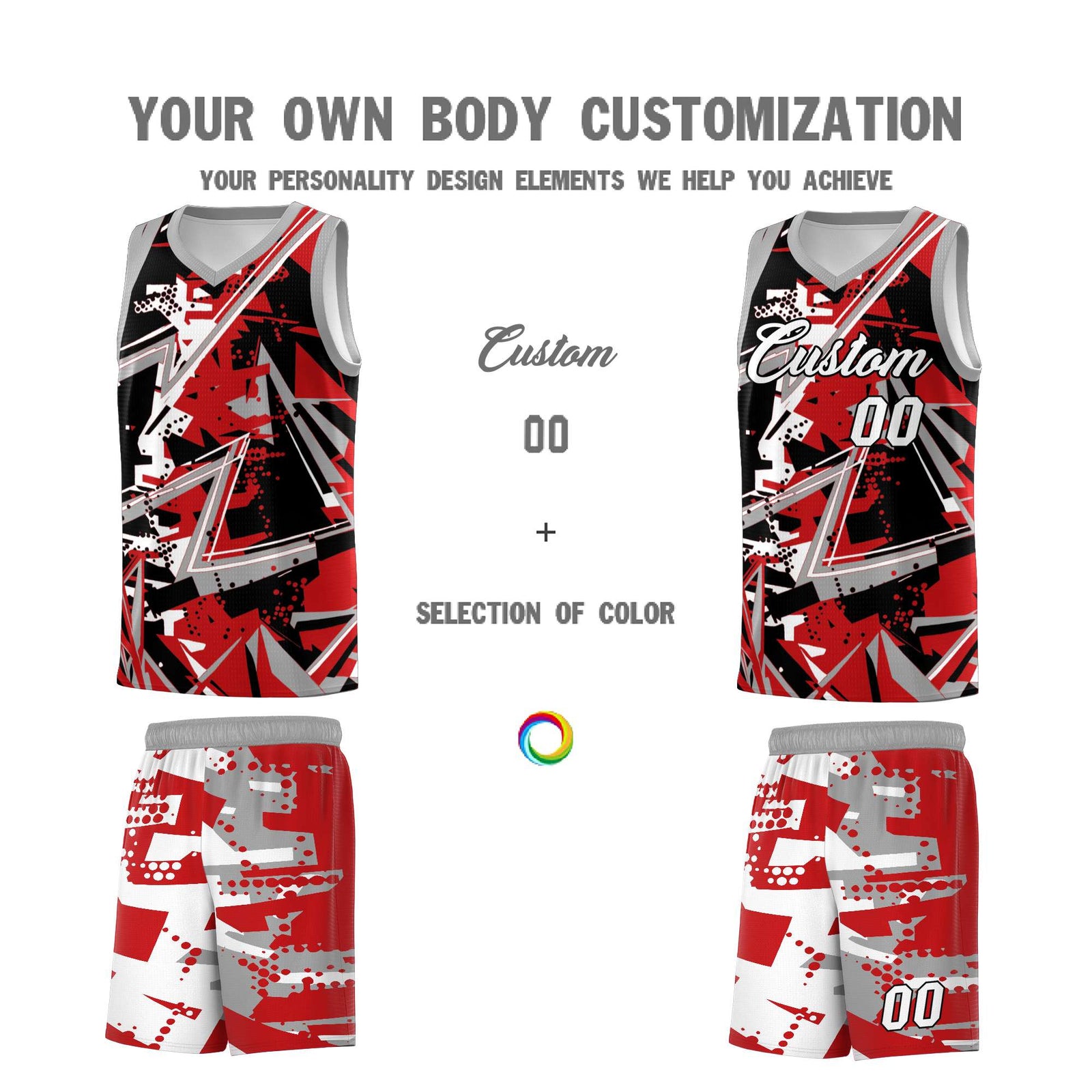 Custom Youth Basketball Jerseys Red Gray Abstract Graffiti Personalized Team Name & Number