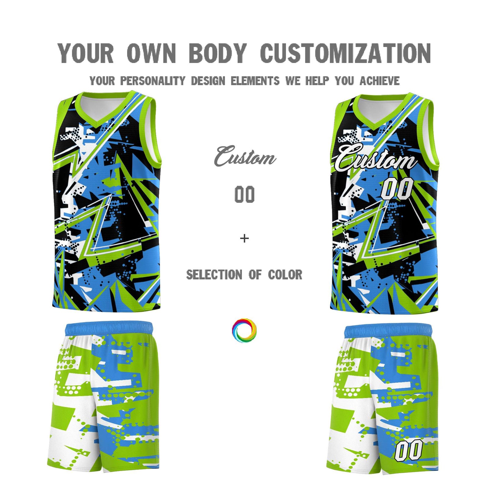 Custom Youth Basketball Jerseys Light Blue Neon Green Abstract Graffiti Personalized Street Style Uniform
