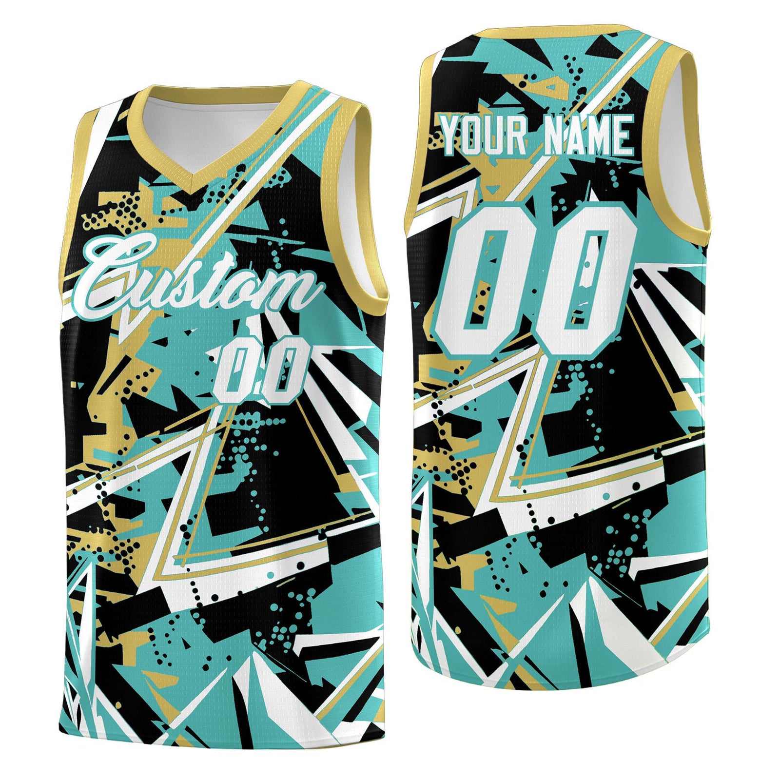 Custom Youth Basketball Jerseys Teal Old Gold Abstract Graffiti Personalized Street Style Uniform