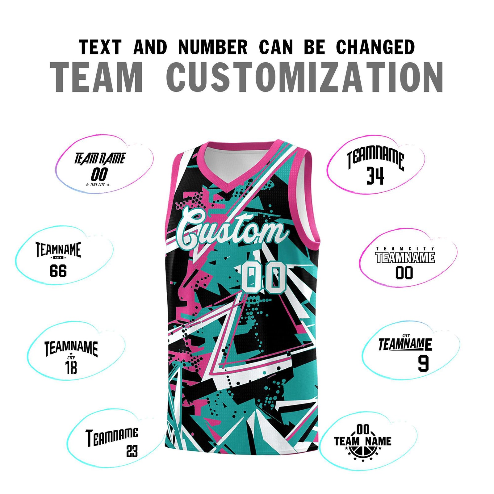 Custom Youth Basketball Jerseys Aqua Rose Red Abstract Graffiti Urban Style Personalized Uniform