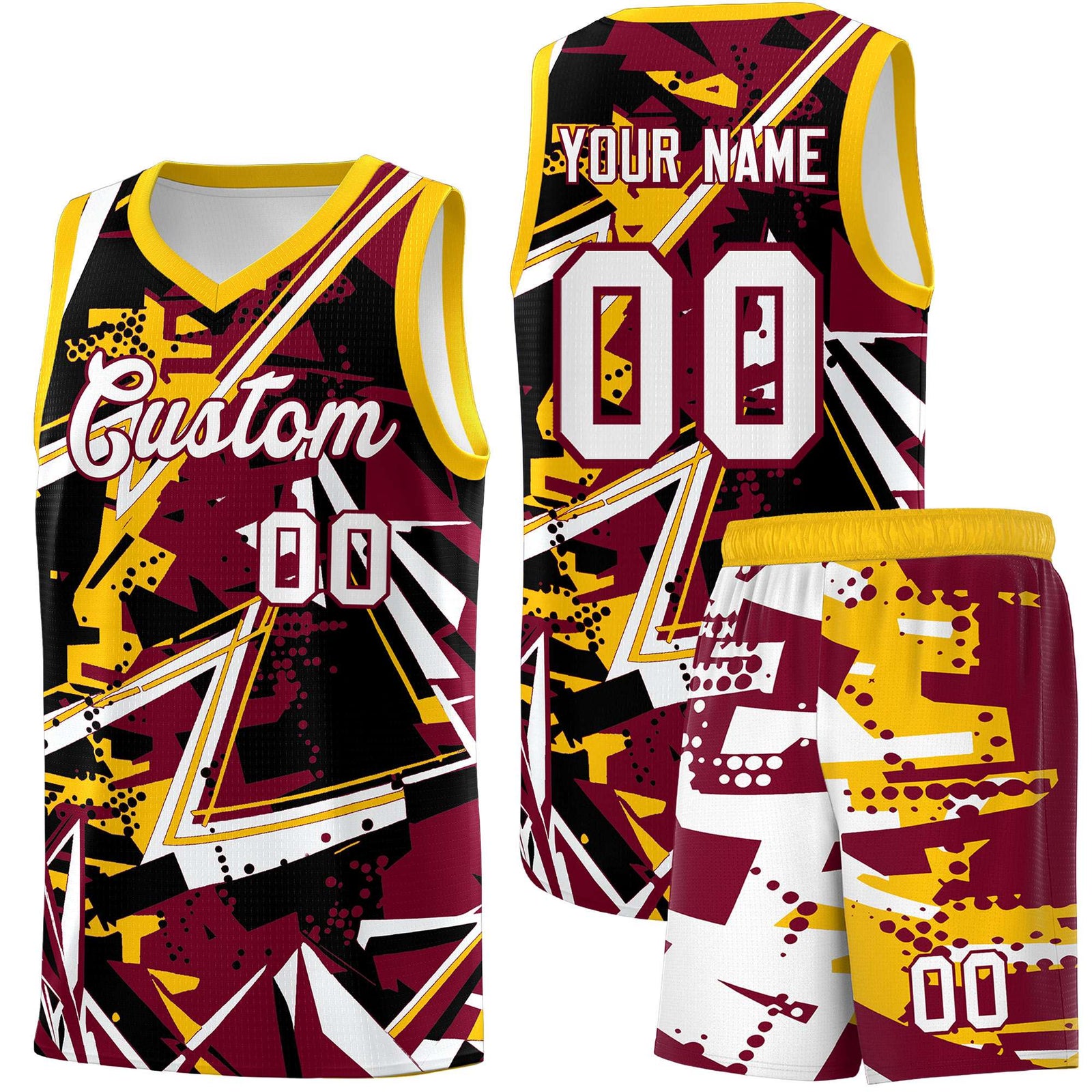 Custom Youth Basketball Jerseys Crimson Yellow Abstract Graffiti Urban Style Personalized Uniform