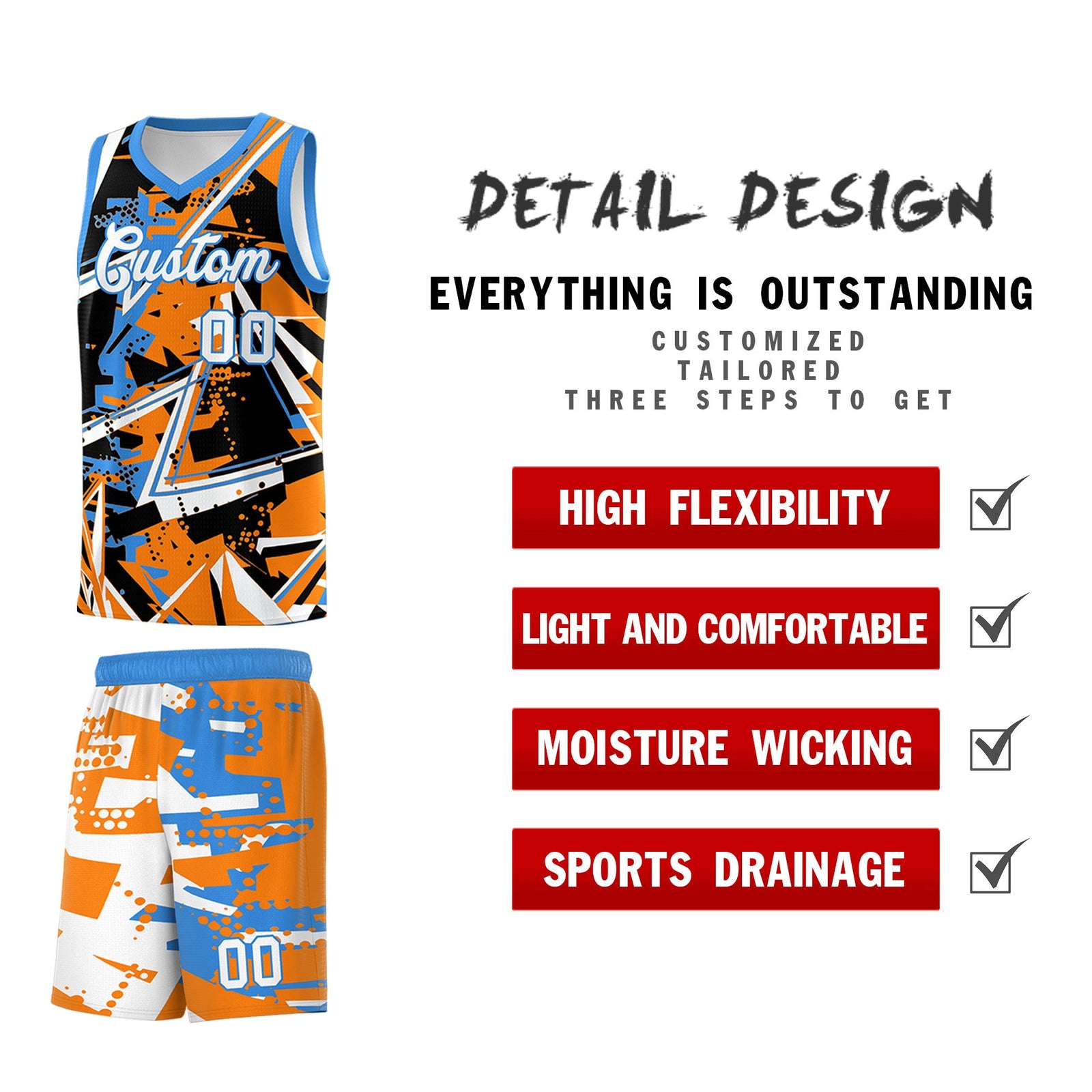 Custom Youth Basketball Jerseys Orange Light Blue Abstract Graffiti Personalized Street Style Uniform