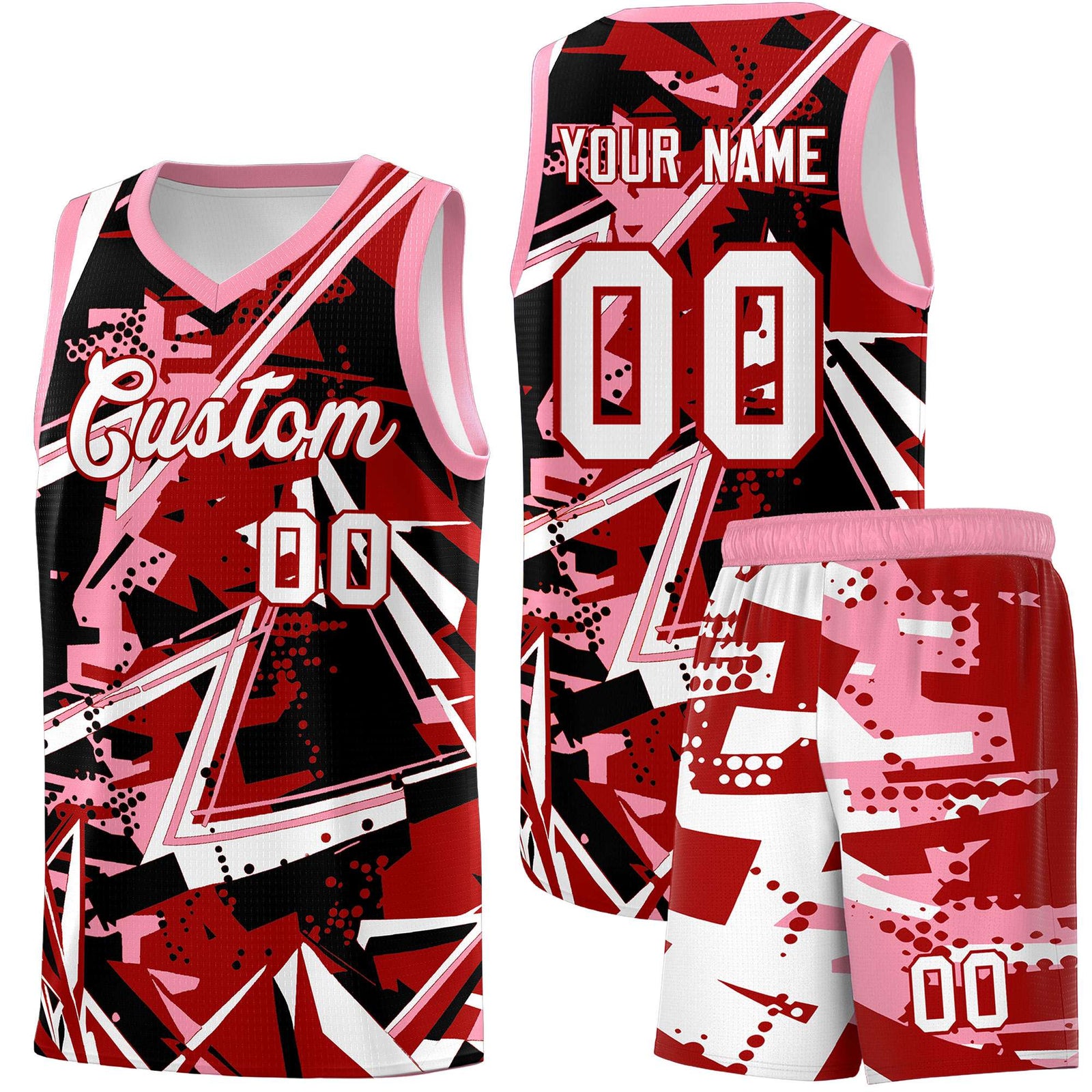Custom Youth Basketball Jerseys Red Light Pink Abstract Graffiti Personalized Street Style Uniform