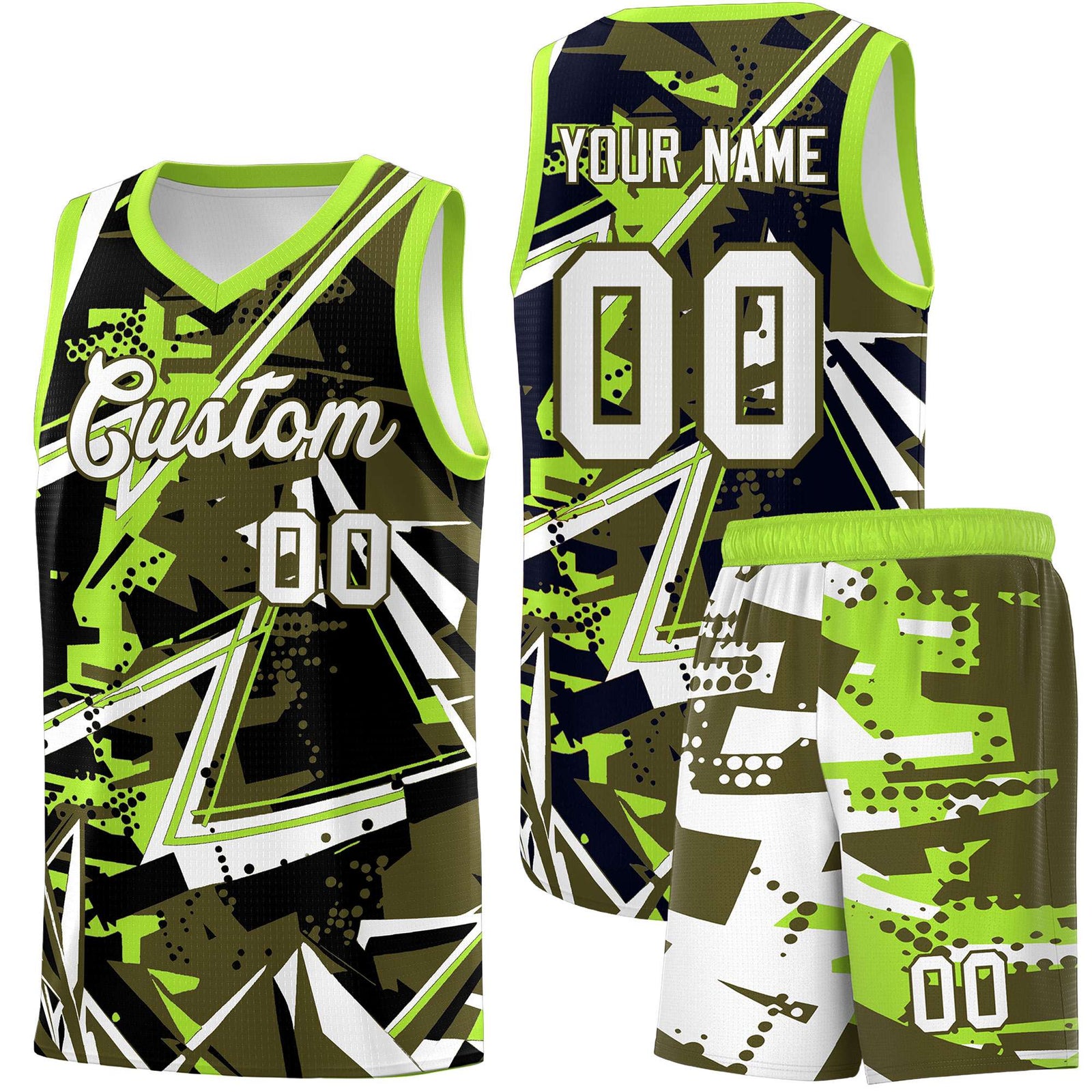 Custom Youth Basketball Jerseys Olive Neon Green Abstract Graffiti Personalized Street Style Uniform