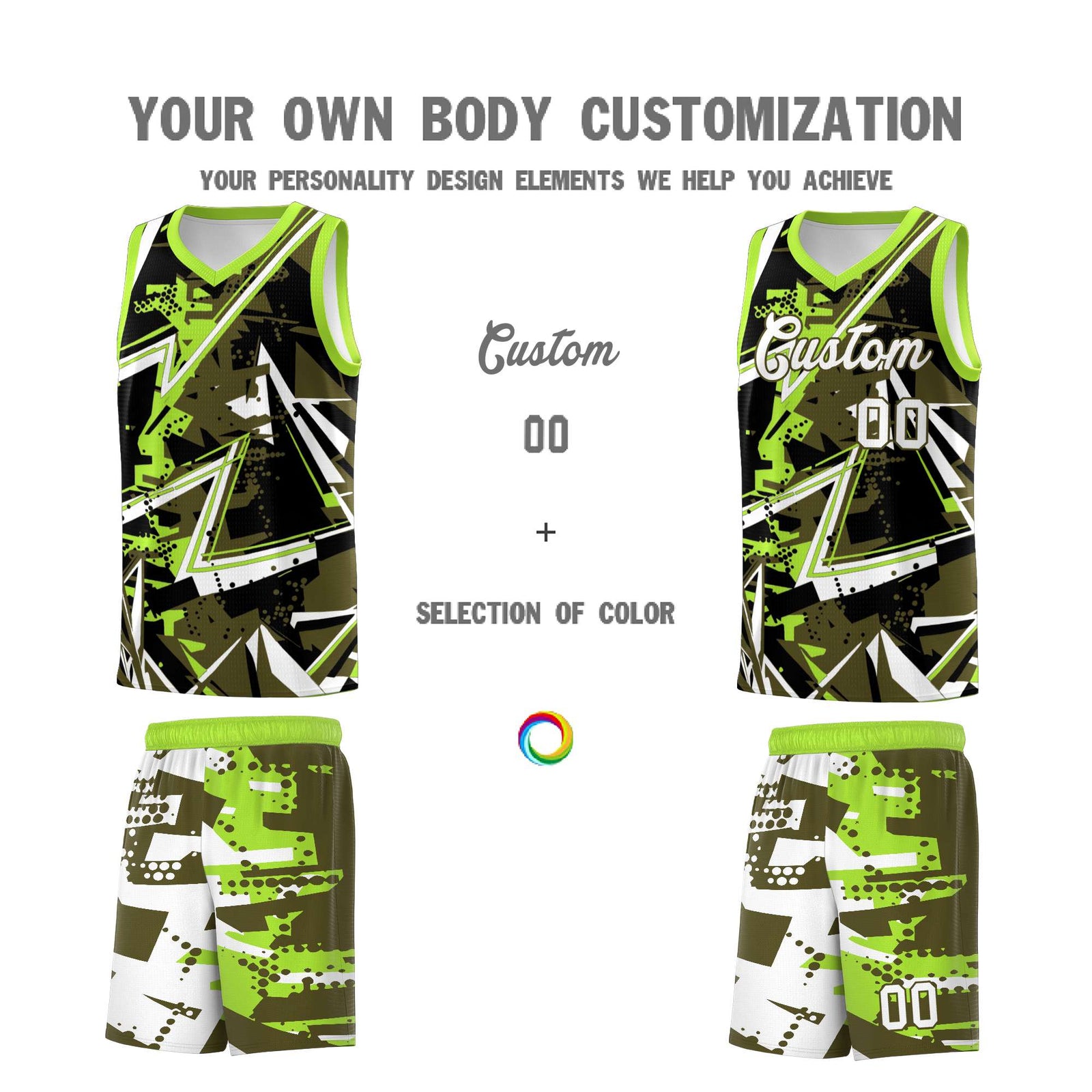 Custom Youth Basketball Jerseys Olive Neon Green Abstract Graffiti Personalized Street Style Uniform