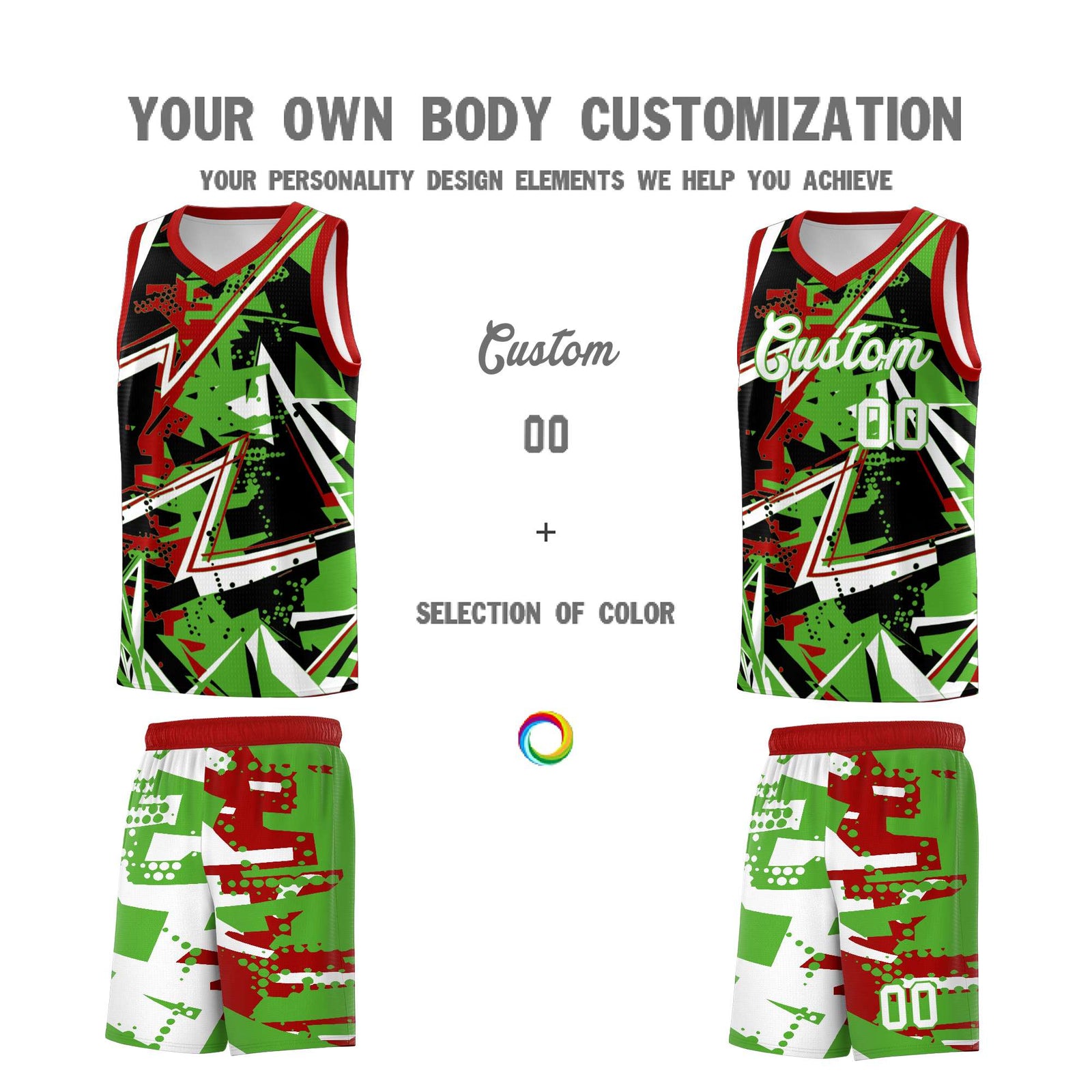 Custom Youth Basketball Jerseys Light Green Red Abstract Graffiti Urban Style Personalized Uniform