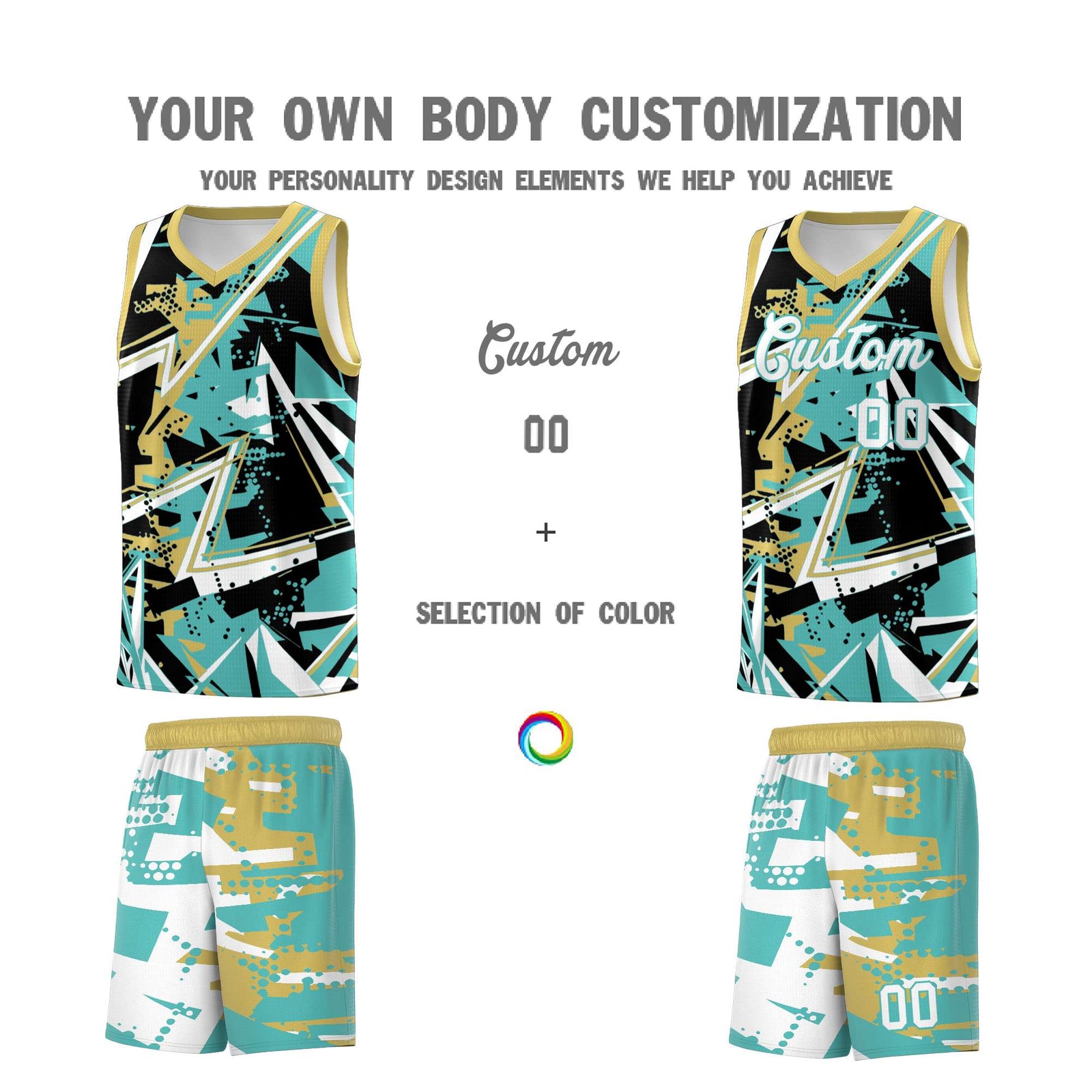 Custom Youth Basketball Jerseys Teal Old Gold Abstract Graffiti Personalized Street Style Uniform