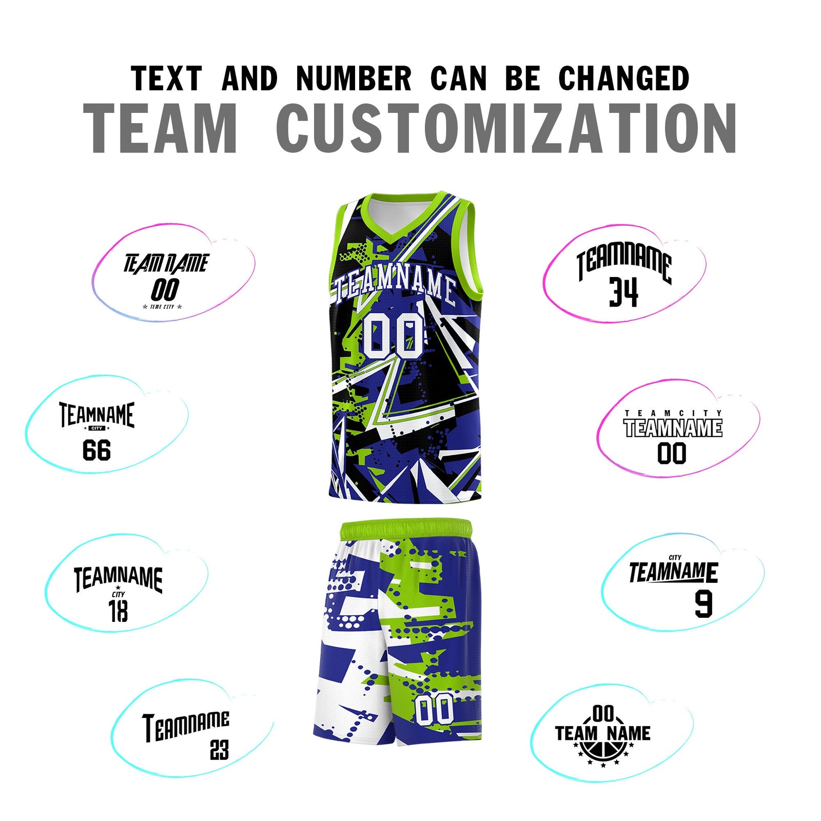 Custom Youth Basketball Jerseys Royal Neon Green Abstract Graffiti Urban Style Personalized Uniform