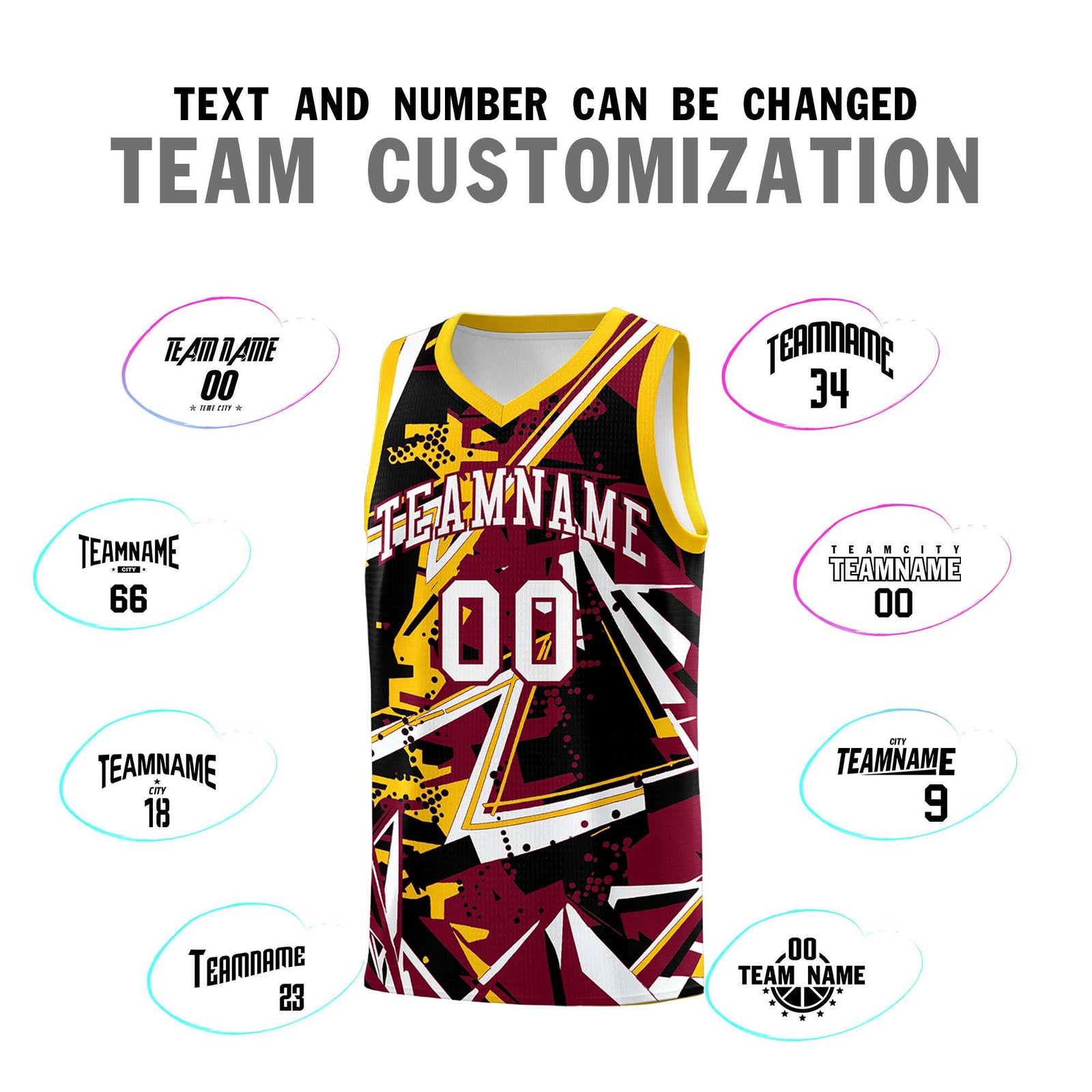 Custom Youth Basketball Jerseys Crimson Yellow Abstract Graffiti Urban Style Personalized Uniform