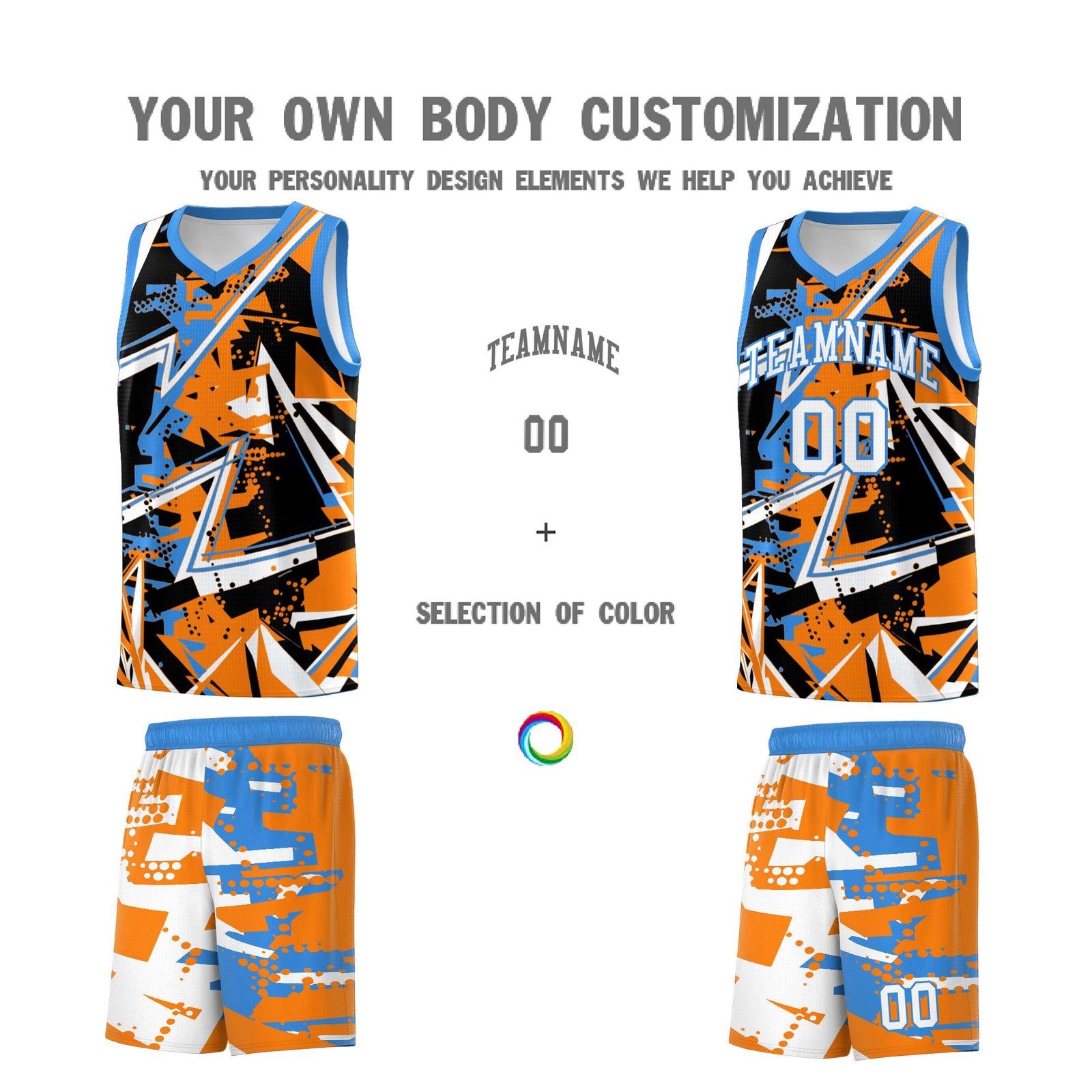 Custom Youth Basketball Jerseys Orange Light Blue Abstract Graffiti Personalized Street Style Uniform