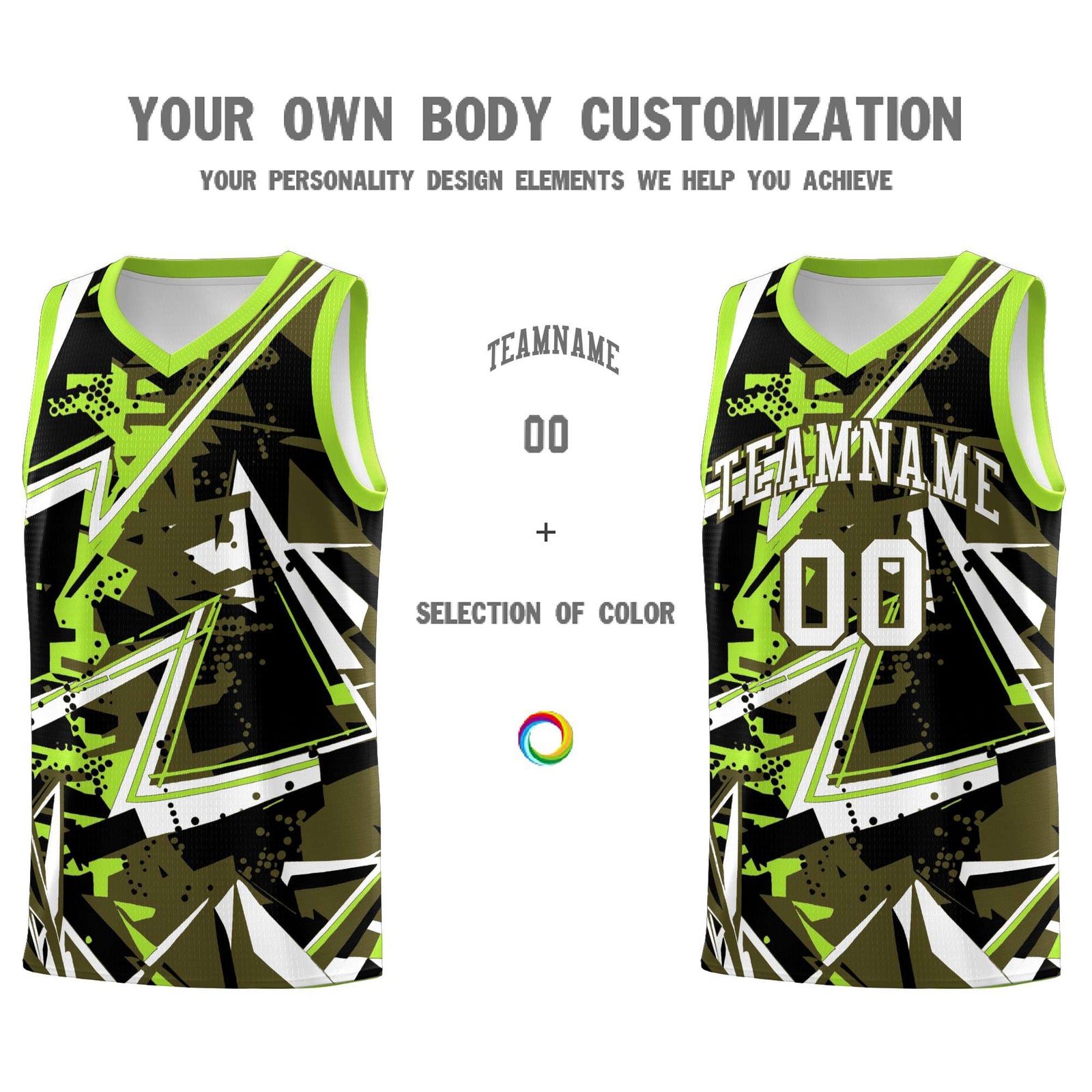 Custom Youth Basketball Jerseys Olive Neon Green Abstract Graffiti Personalized Street Style Uniform
