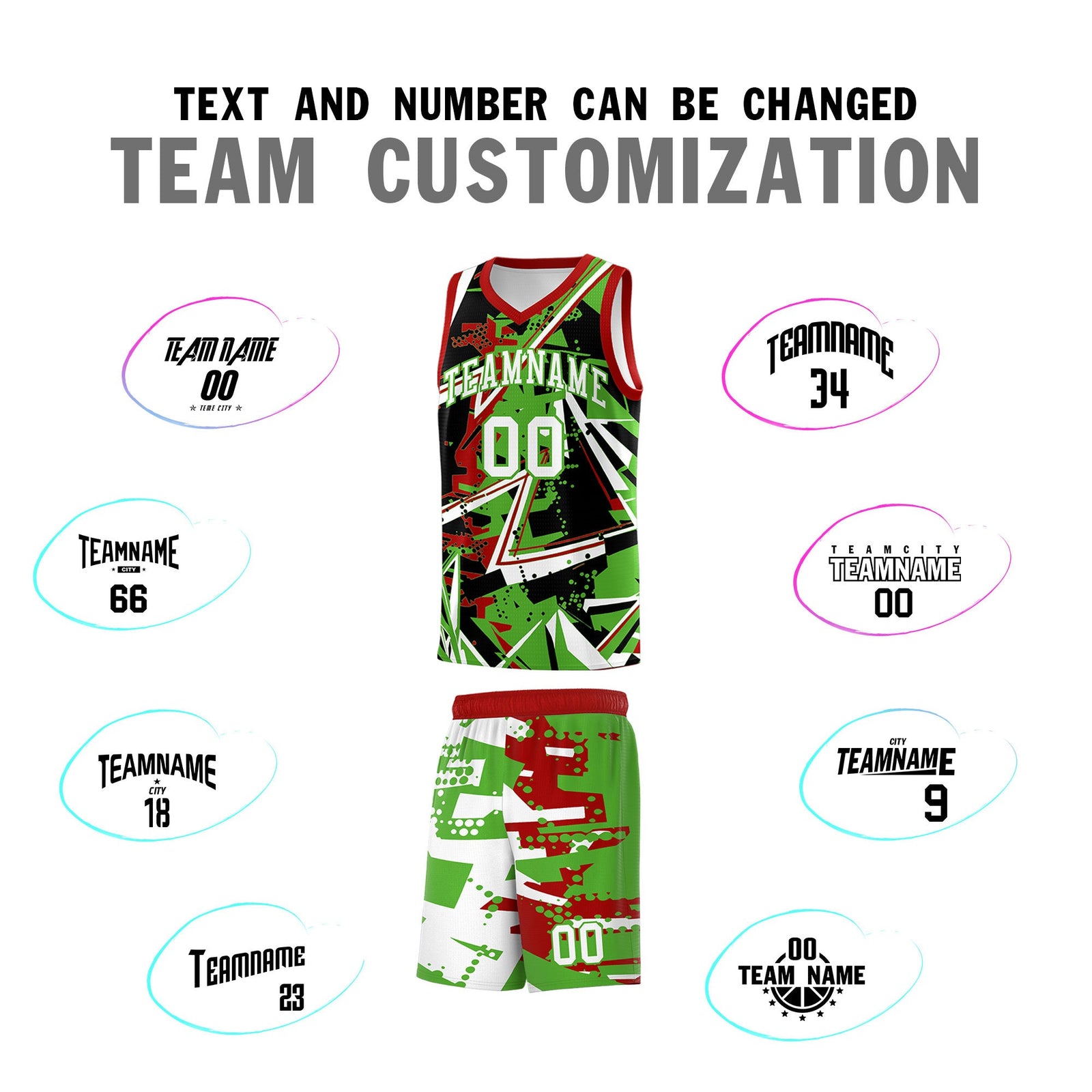 Custom Youth Basketball Jerseys Light Green Red Abstract Graffiti Urban Style Personalized Uniform