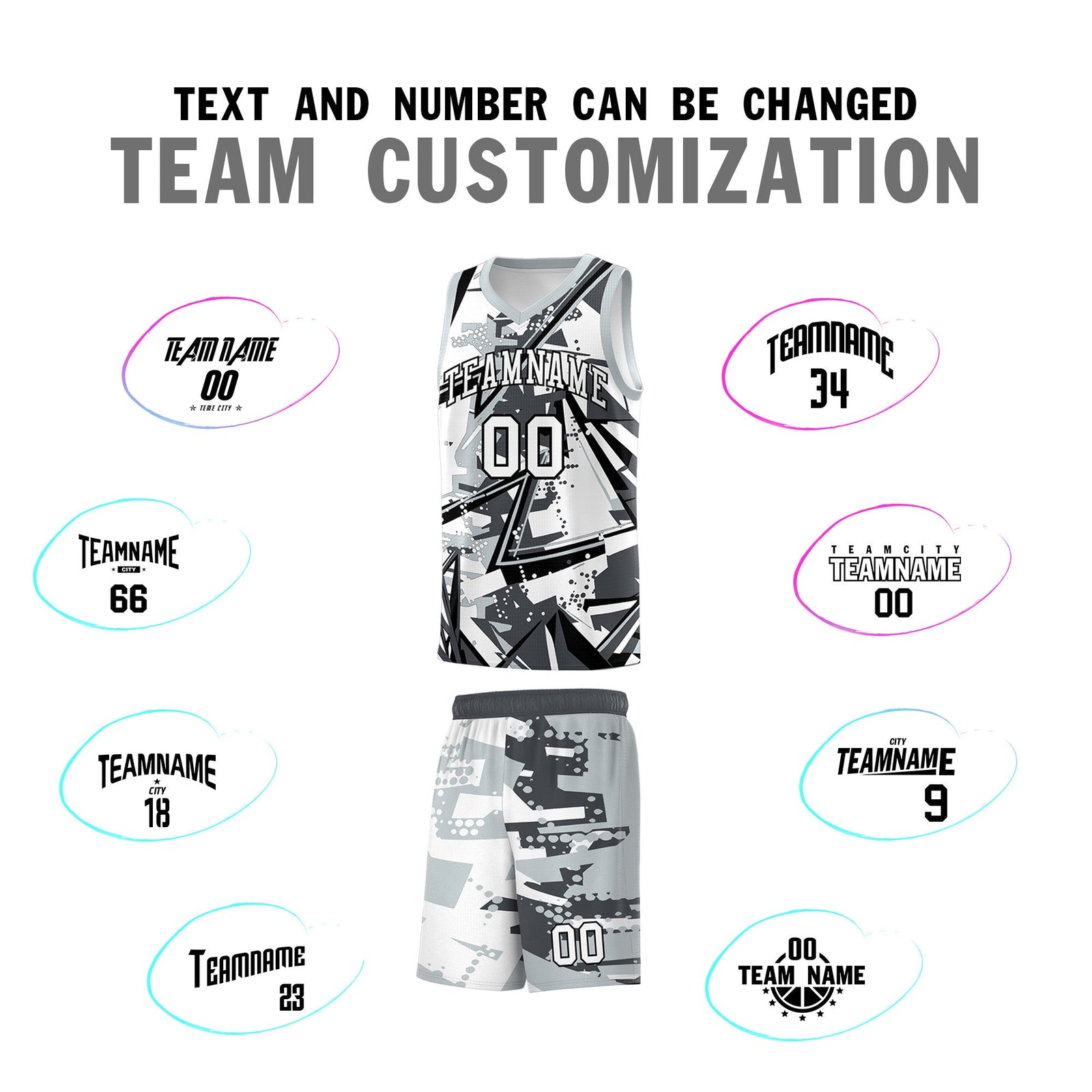 Custom Youth Basketball Jerseys Gray Silver Abstract Graffiti Personalized Team Name & Number