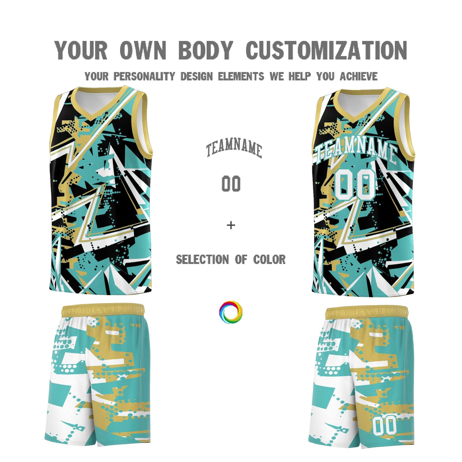 Custom Youth Basketball Jerseys Teal Old Gold Abstract Graffiti Personalized Street Style Uniform