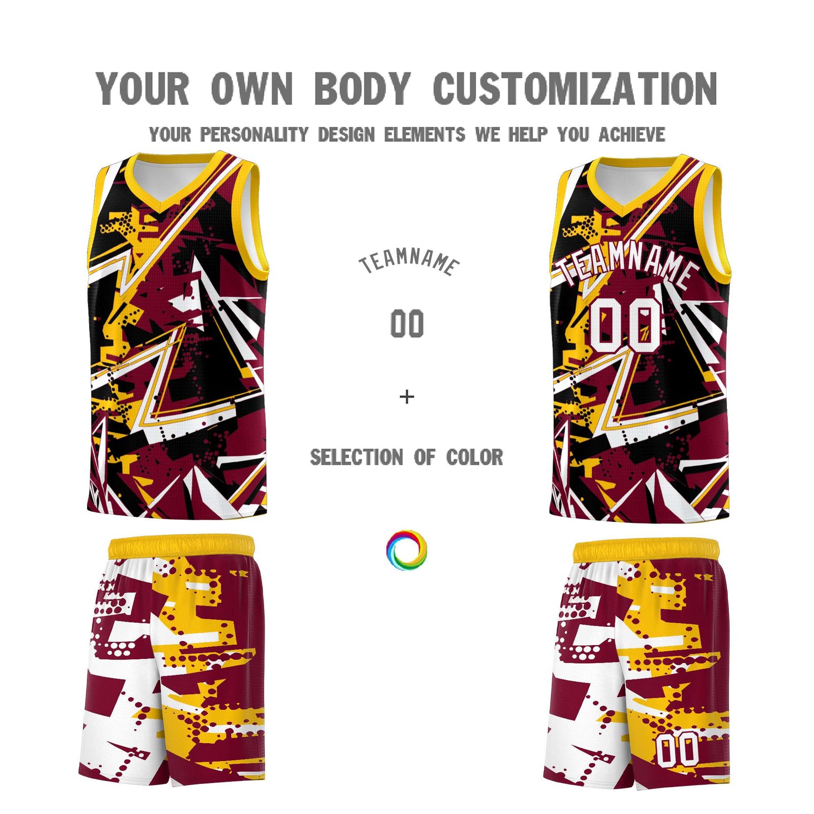 Custom Youth Basketball Jerseys Crimson Yellow Abstract Graffiti Urban Style Personalized Uniform