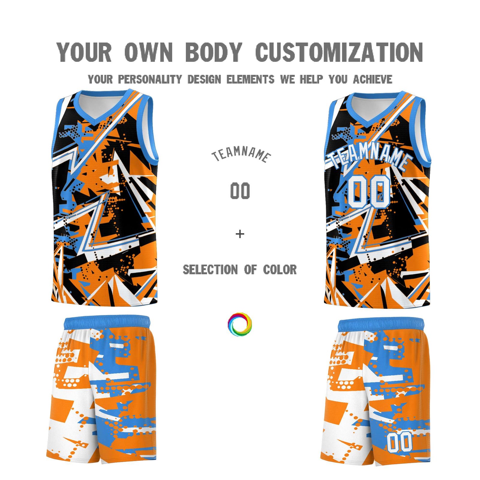 Custom Youth Basketball Jerseys Orange Light Blue Abstract Graffiti Personalized Street Style Uniform