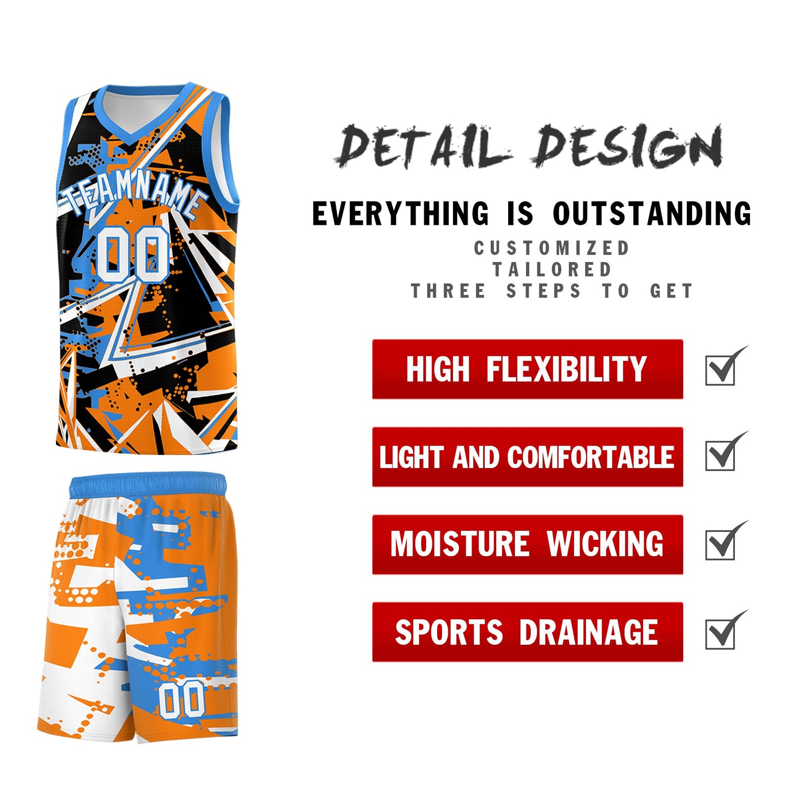 Custom Youth Basketball Jerseys Orange Light Blue Abstract Graffiti Personalized Street Style Uniform